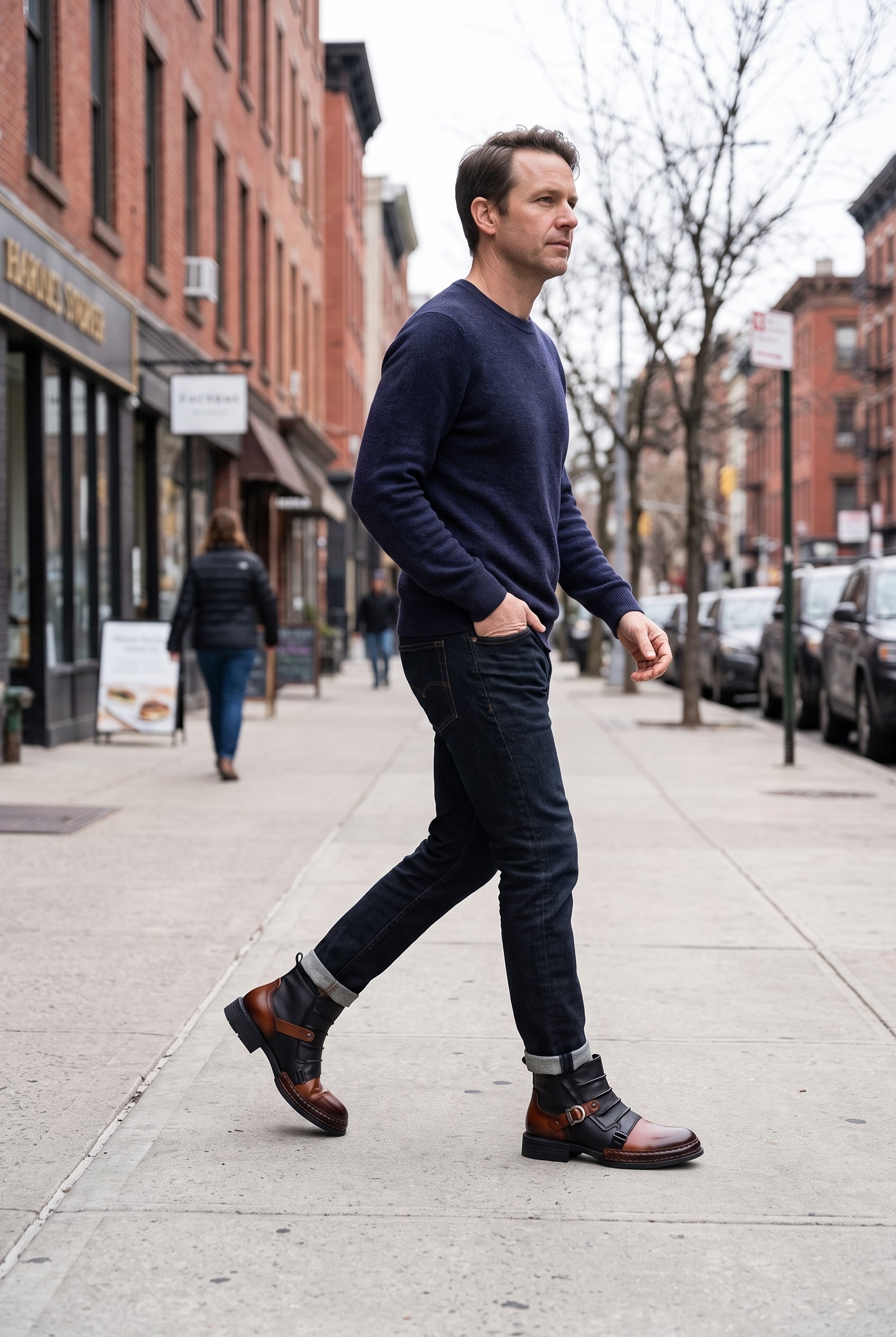 Men's Ankle Boots | Buckle Strap with Block Heel - Cognac Brown lifestyle