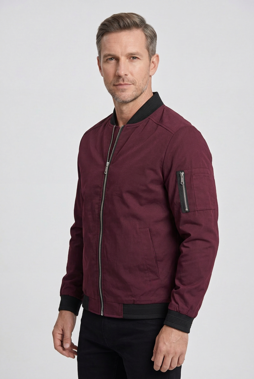 Men's Bomber Jacket | Ribbed Collar Zip Sleeve Pocket - 8