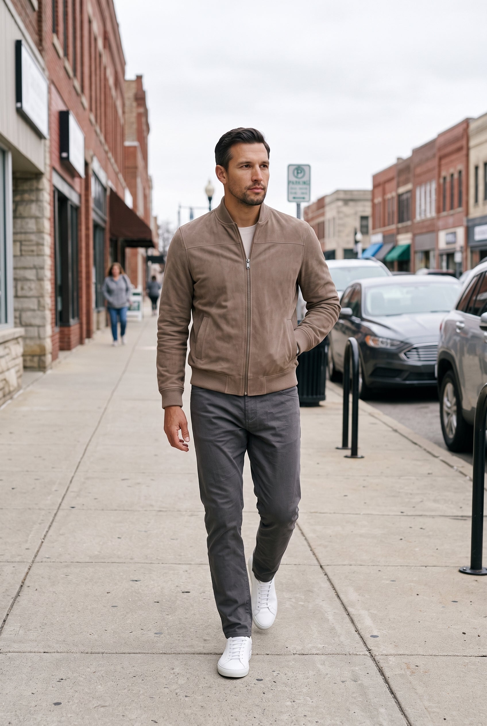 Men's Bomber Jacket | Suede-Look Zip Front - Beige lifestyle