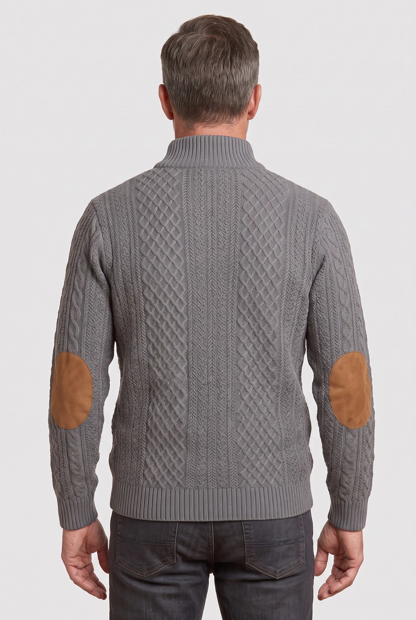 Men's Cable Knit Sweater | Button Neck Elbow Patches - 2