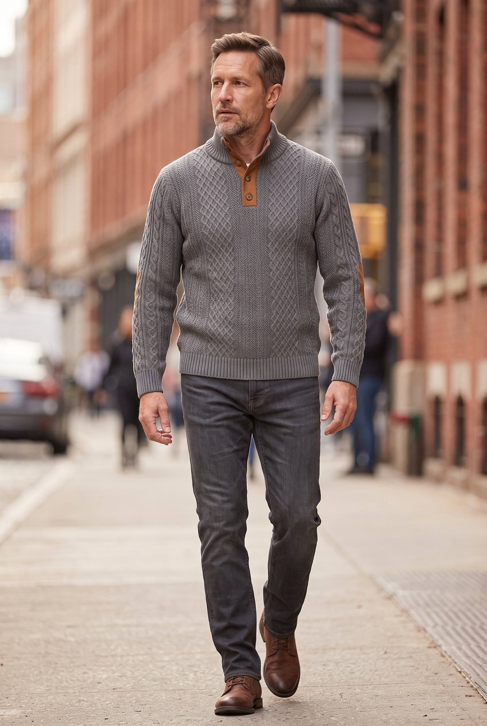 Men's Cable Knit Sweater | Button Neck Elbow Patches - Dark Gray lifestyle