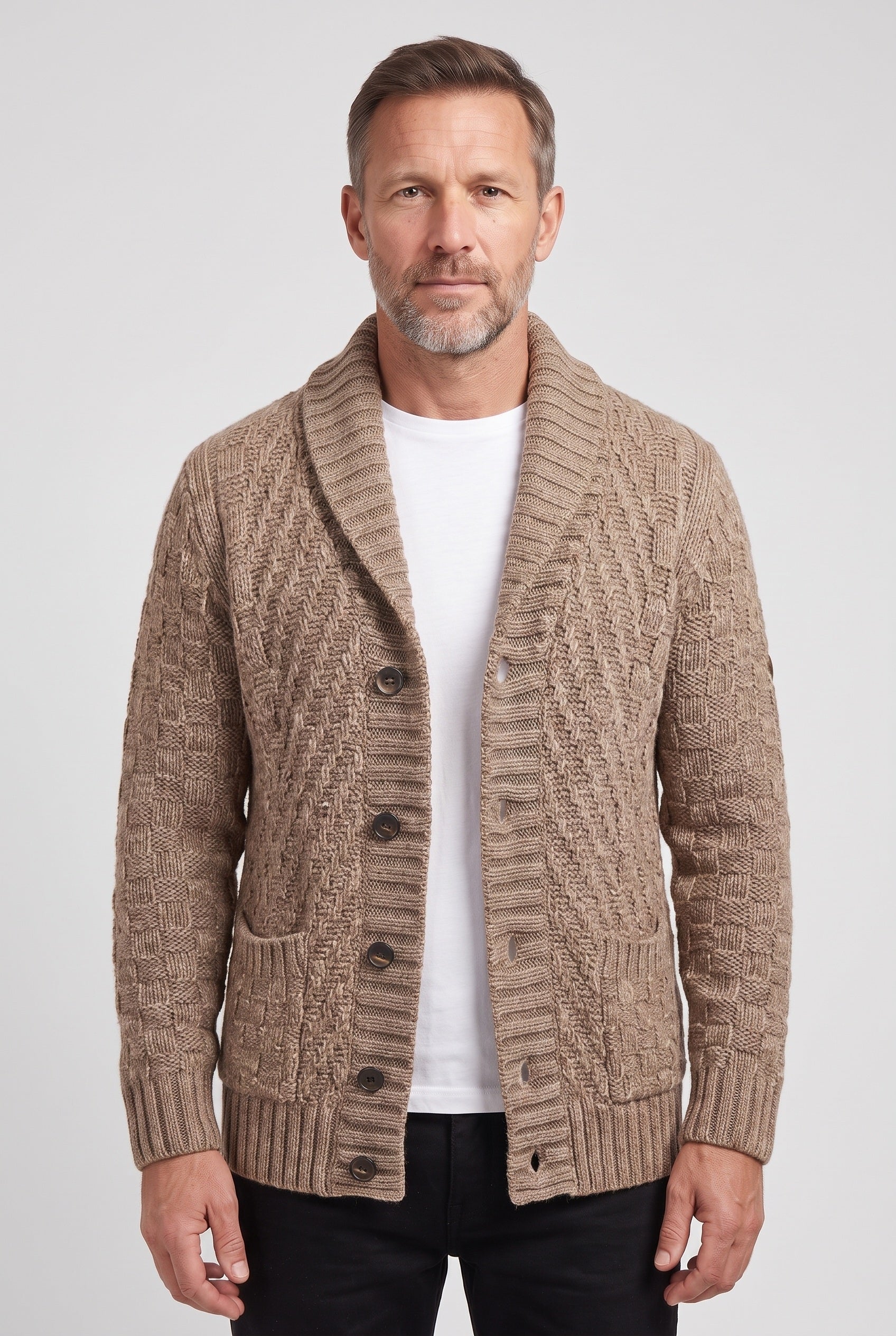 Men's Cardigan | Basket Weave Shawl Collar - 1