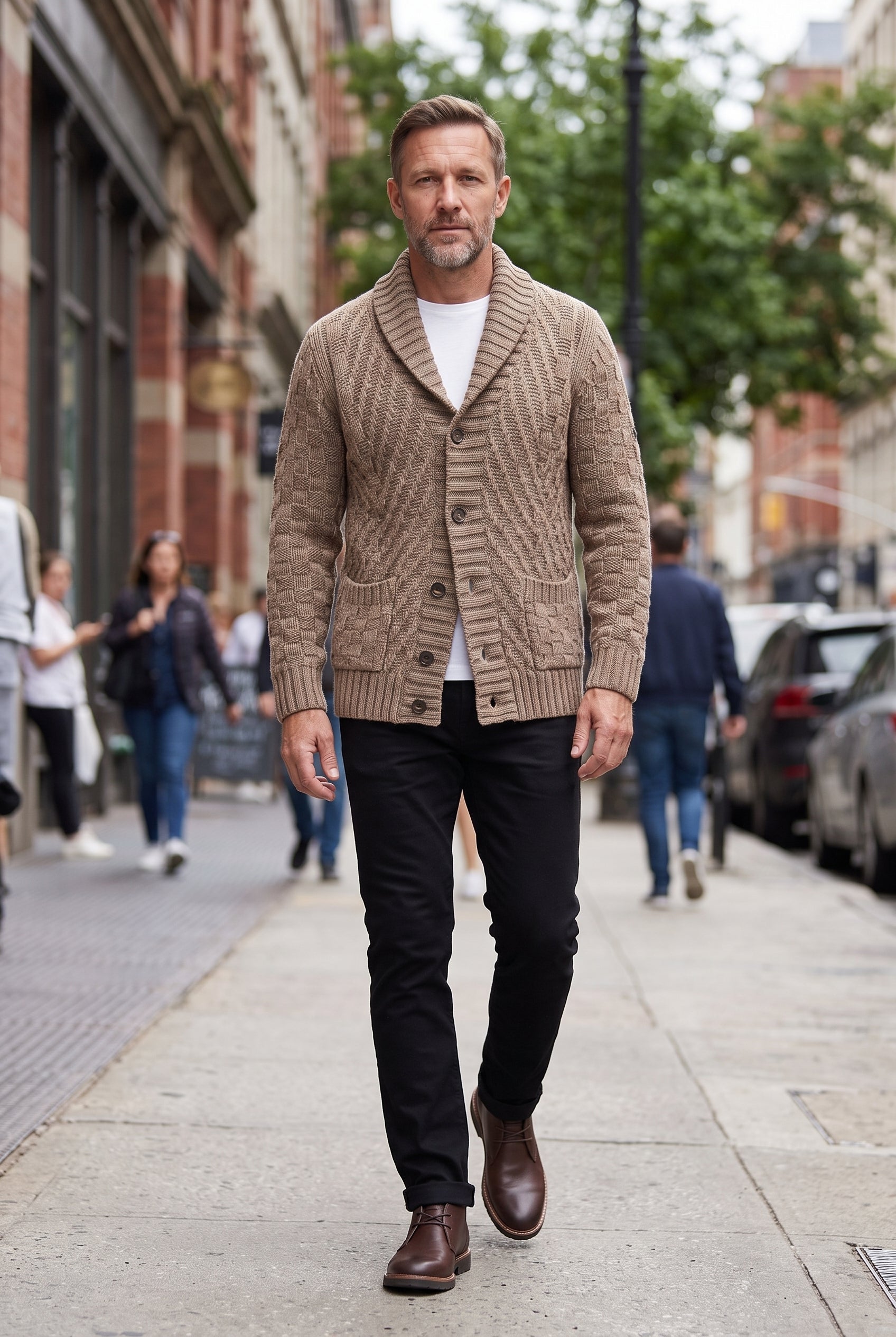 Men's Cardigan | Basket Weave Shawl Collar - Brown lifestyle