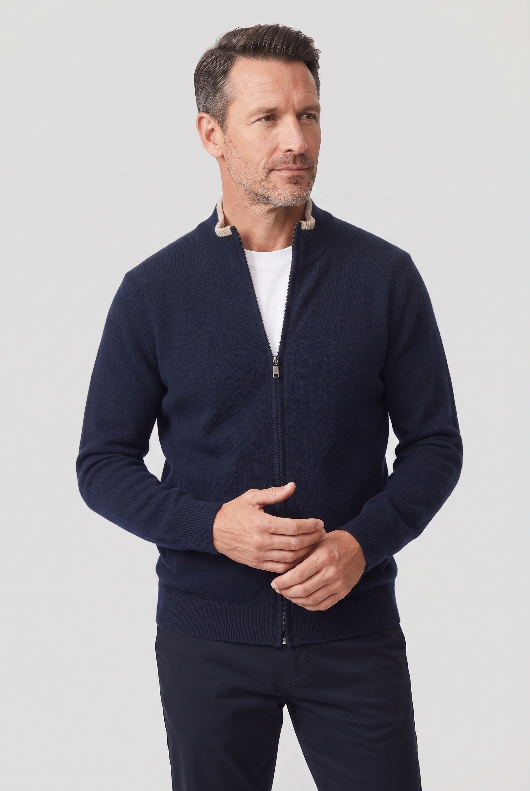 Men's Cardigan | Contrast Tipped Zip Front - 6
