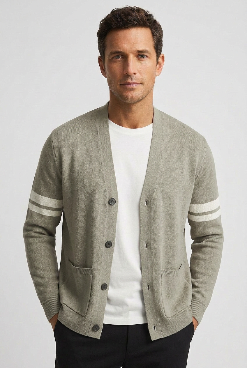 Men's Cardigan | V Neck with Striped Sleeves - 7