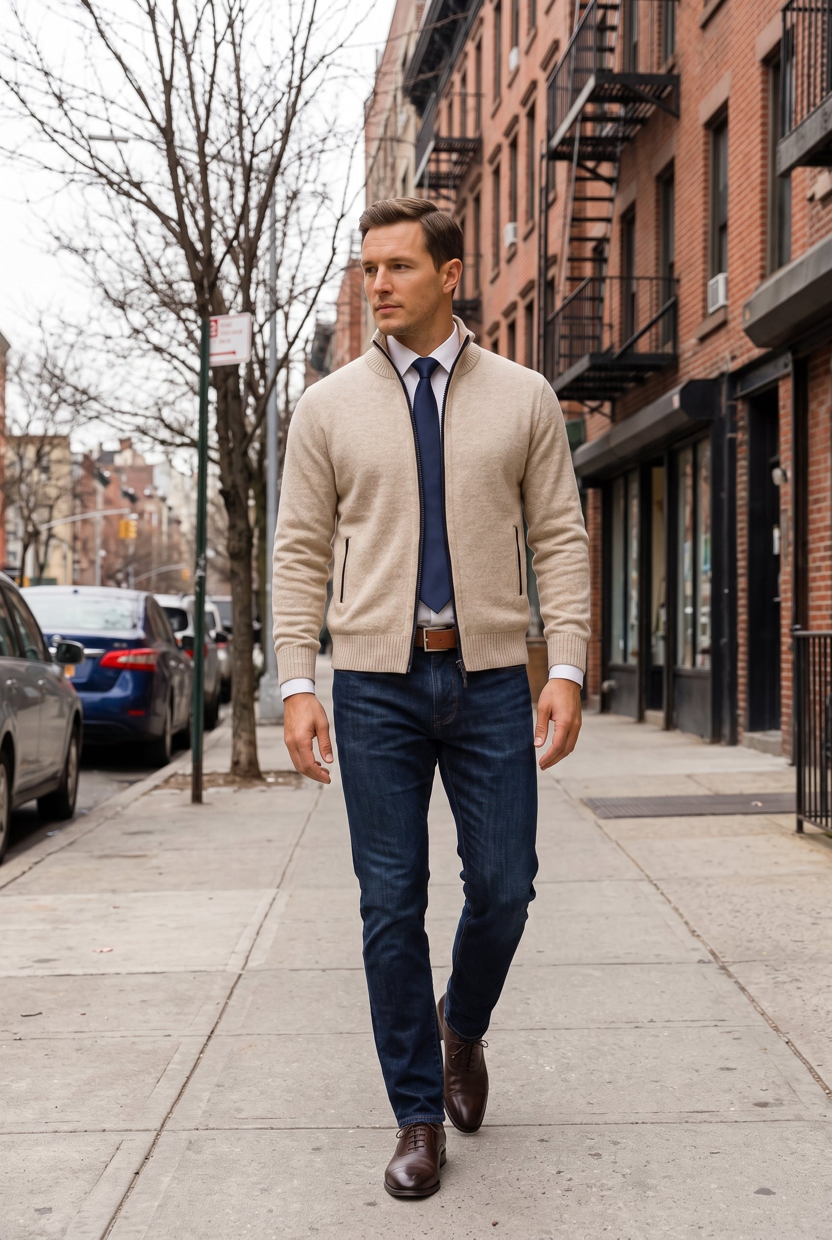 Men's Cardigan | Zip Front with Welt Pockets - Beige lifestyle