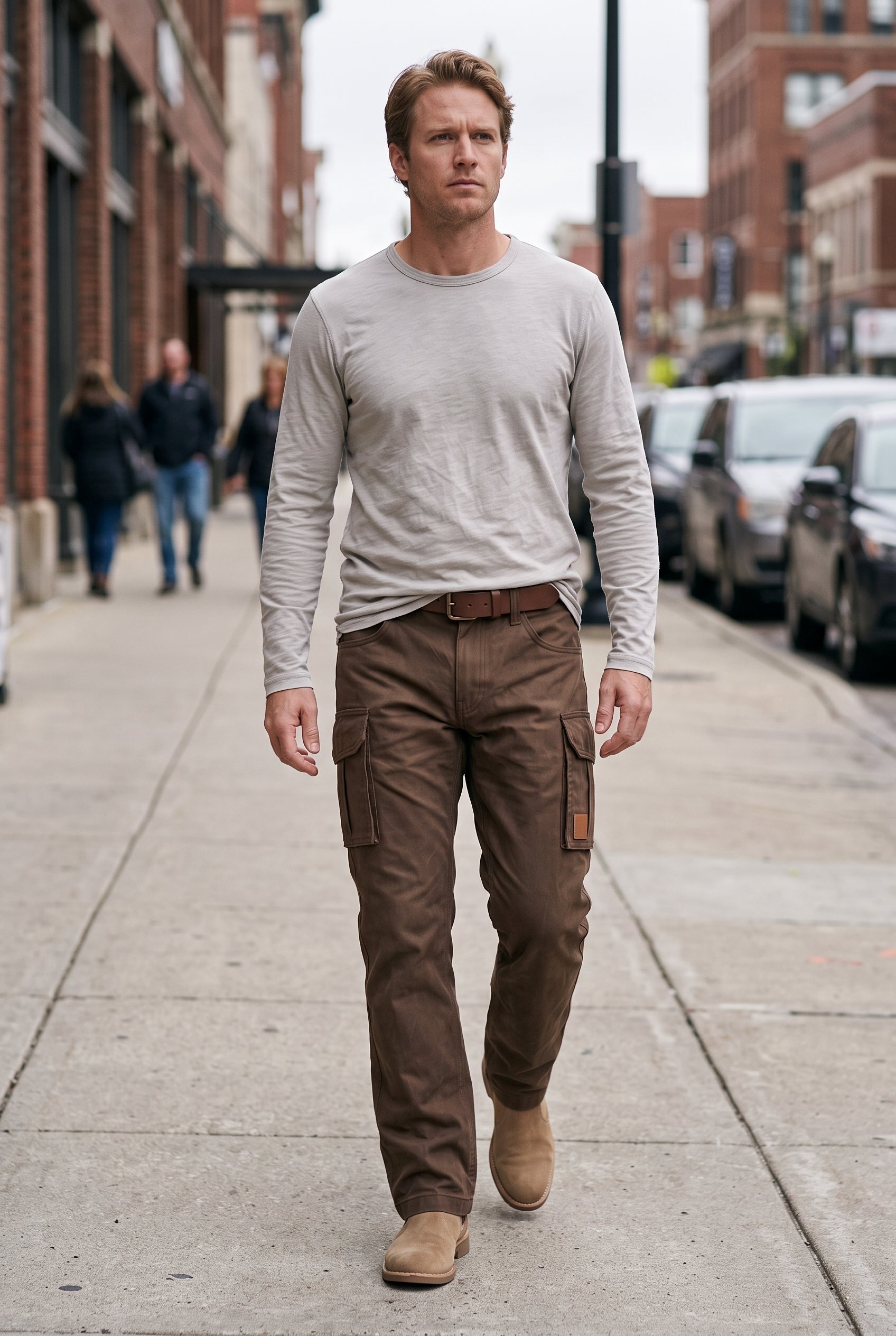 Men's Cargo Pants | Straight Leg Button Flap Pockets - Brown lifestyle