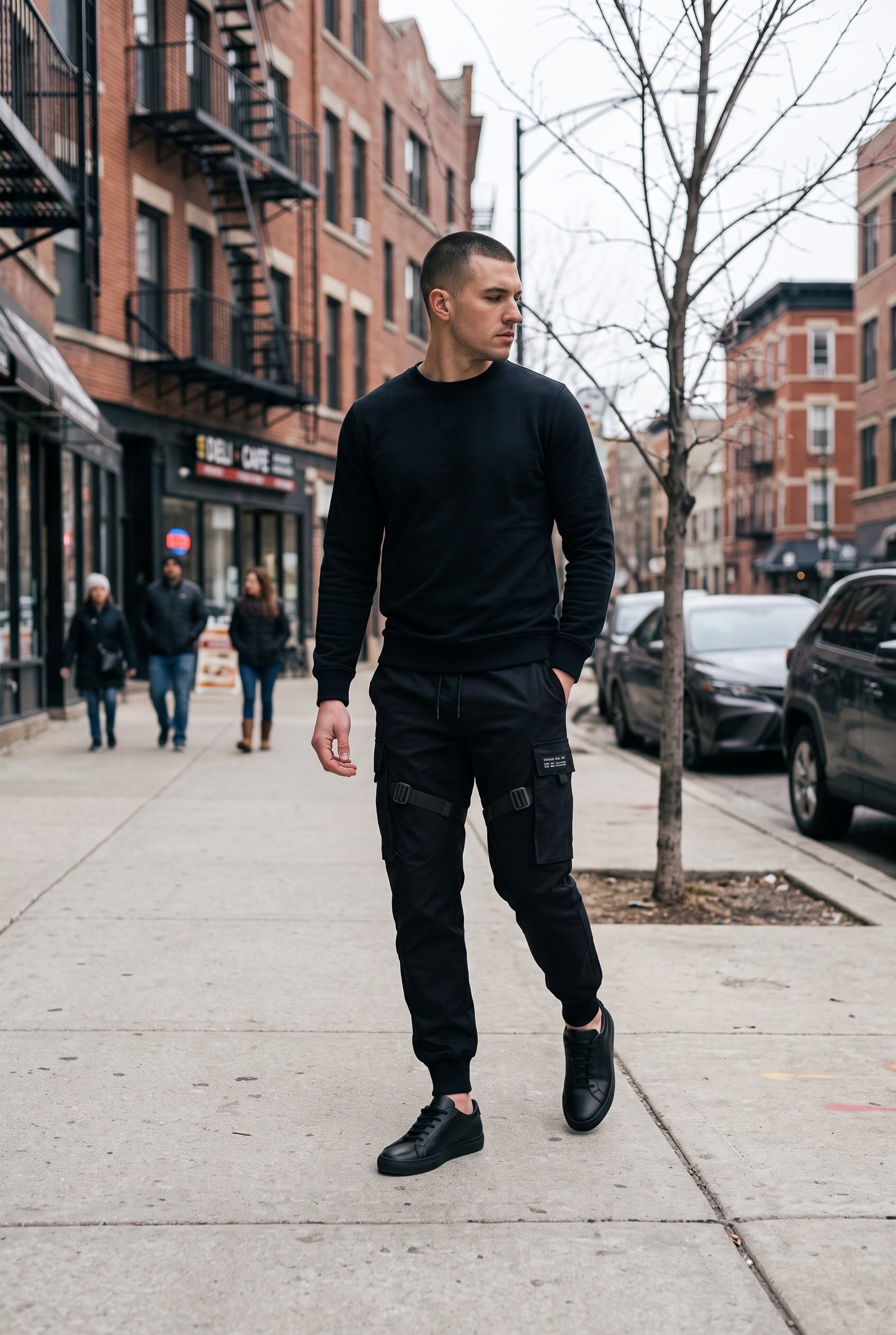 Men's Cargo Pants | Strap Buckle Elastic Cuffs - Black lifestyle