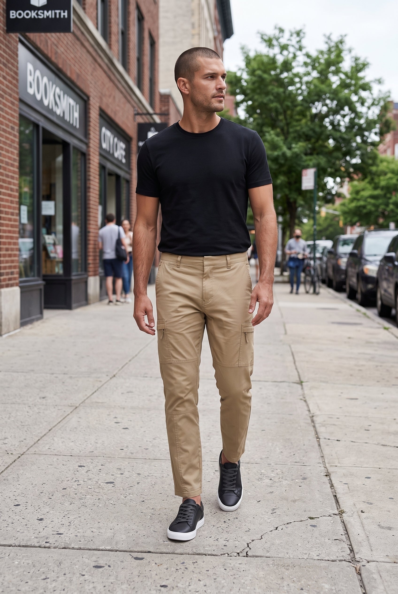 Men's Cargo Pants | Zip Thigh Pocket Slim Tapered - Khaki lifestyle