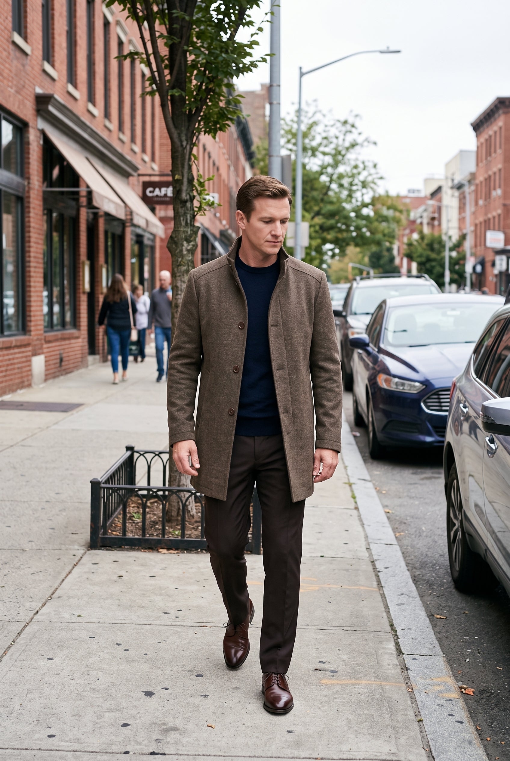 Men's Coat | Button Front with Stand Collar - Brown lifestyle