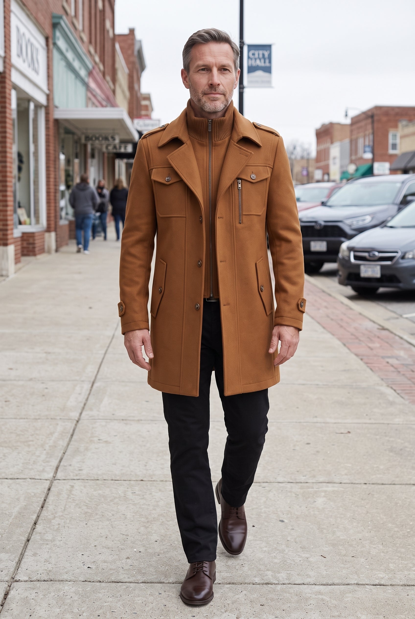 Men's Coat | Funnel Neck with Zip Front - Cognac Brown lifestyle