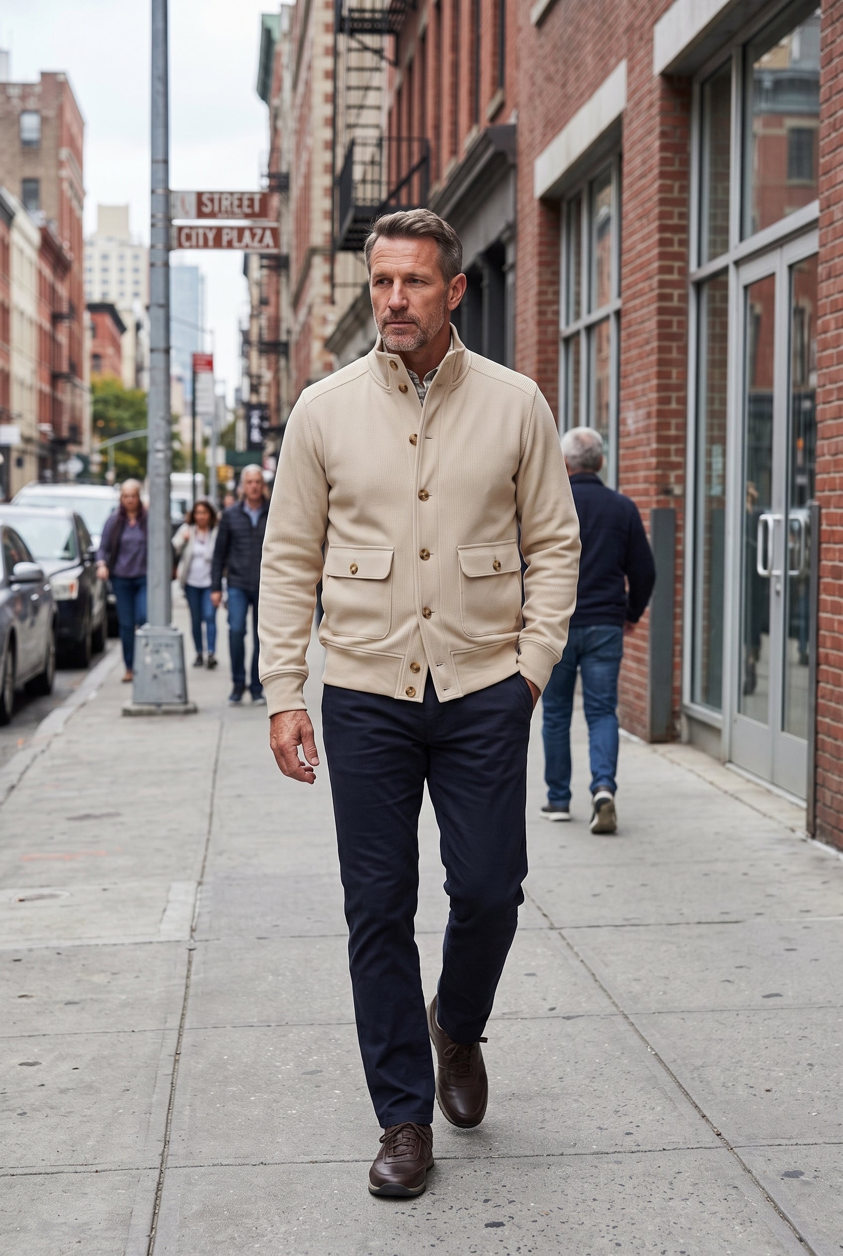 Men's Jacket | Button Front Stand Collar - Beige lifestyle