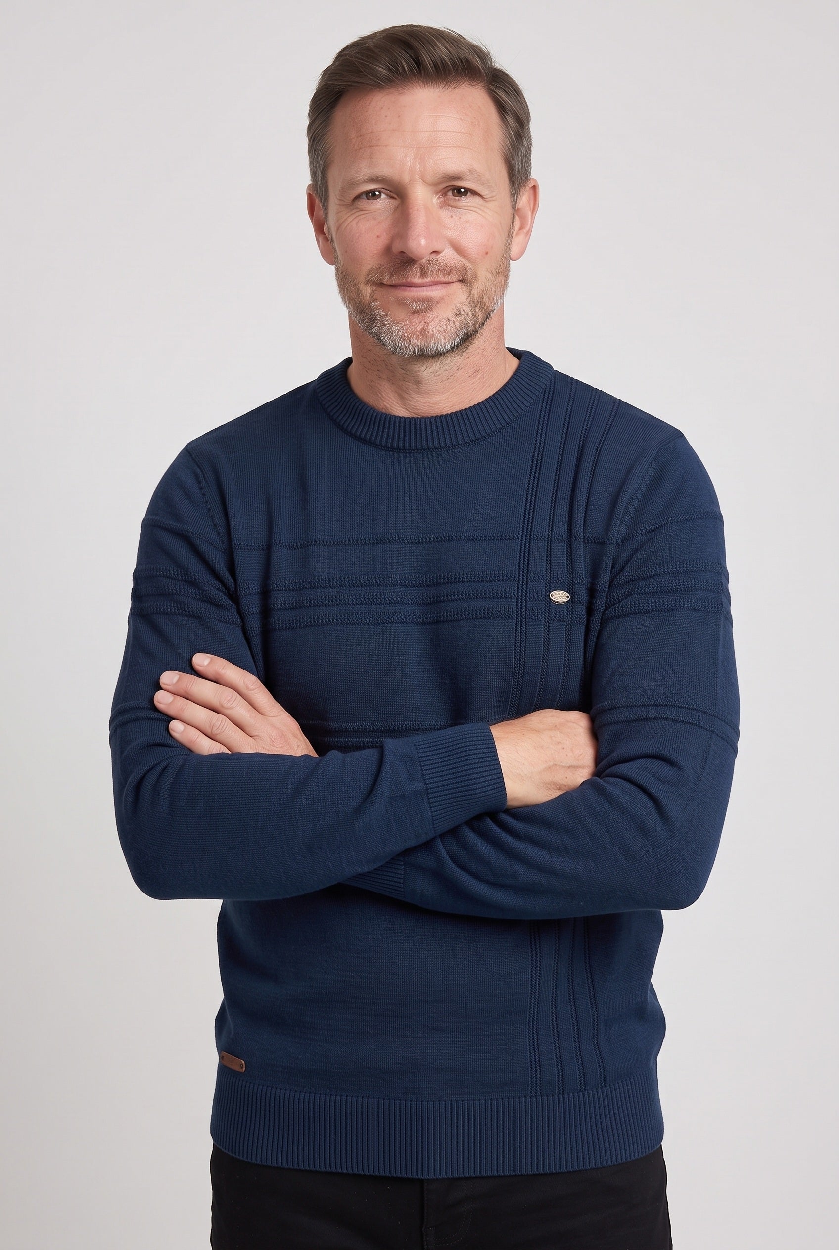Men's Knit Sweater | Crew Neck Tonal Stripe Texture - 8