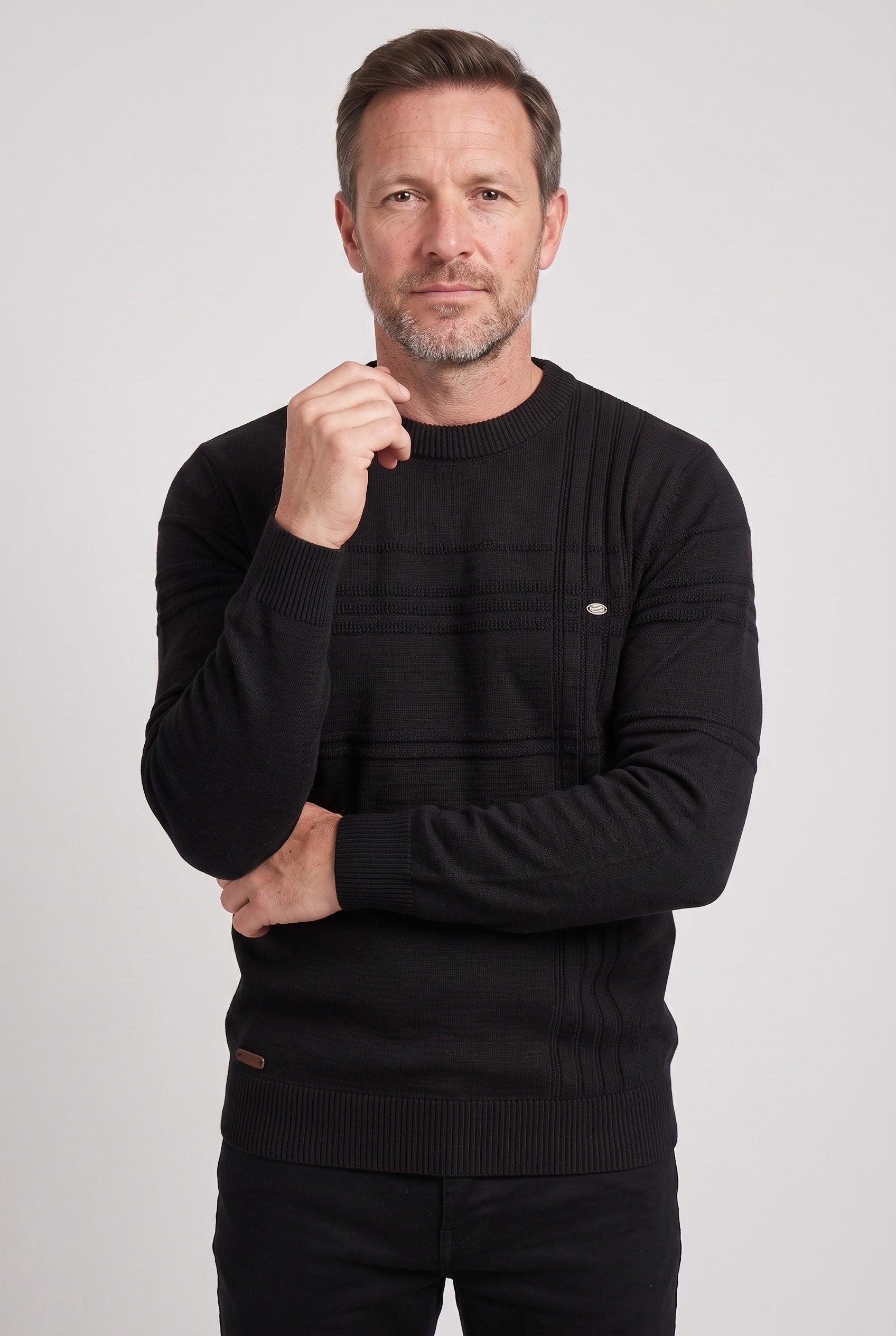 Men's Knit Sweater | Crew Neck Tonal Stripe Texture - 9