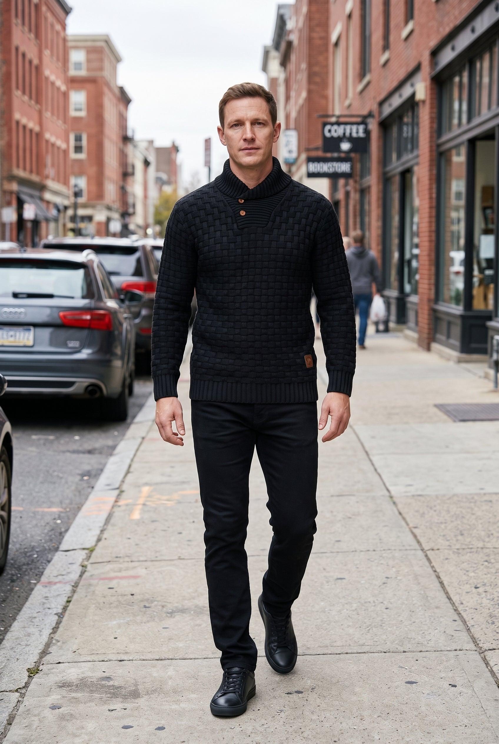 Men's Knit Sweater | Shawl Collar Button Placket - Black lifestyle