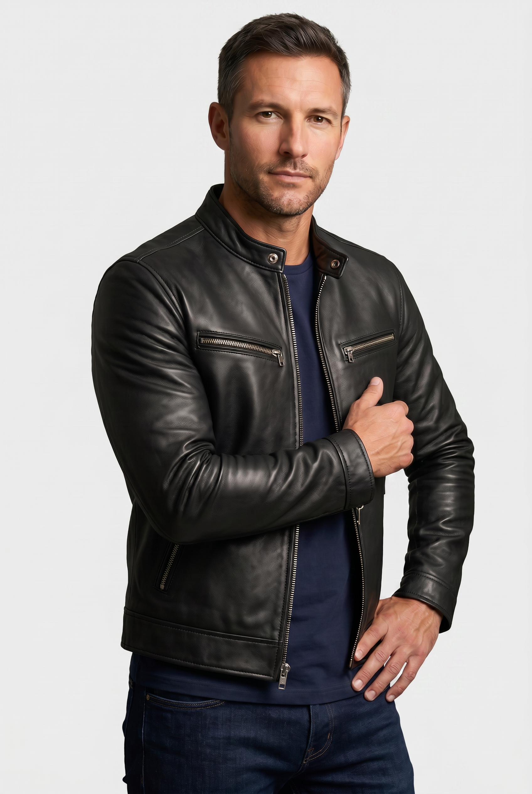 Men's Leather Jacket | Band Collar Four Zip Pockets - 5