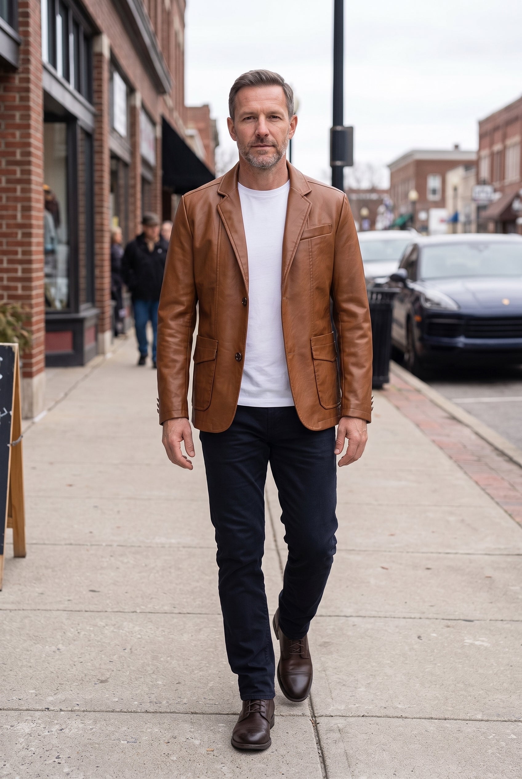 Men's Leather Jacket | Notch Lapel Two Button - Cognac Brown lifestyle
