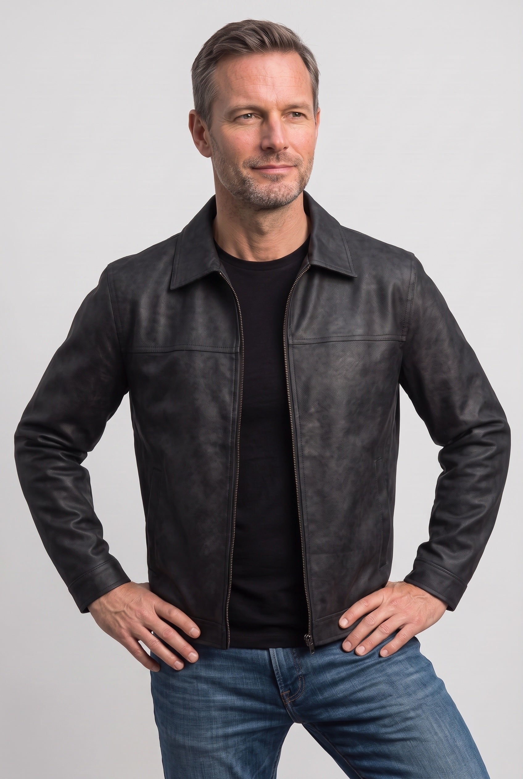 Men's Leather Jacket | Shirt Collar Zip Front - 5