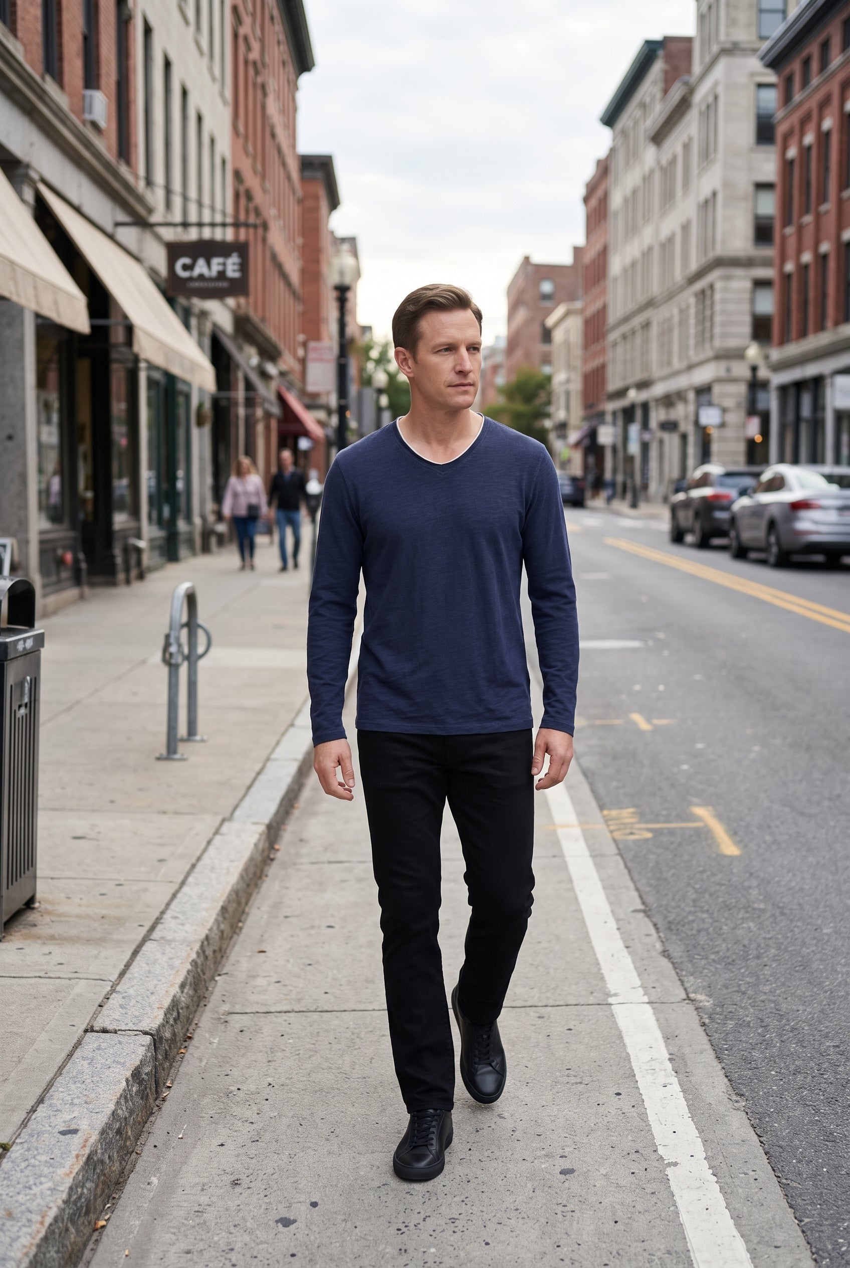 Men's Long Sleeve Shirt | V-Neck with Layered Trim - Navy lifestyle