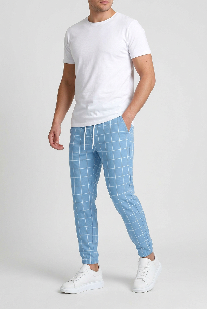 Men's Pants | Windowpane Check Elasticated Cuffs - 7