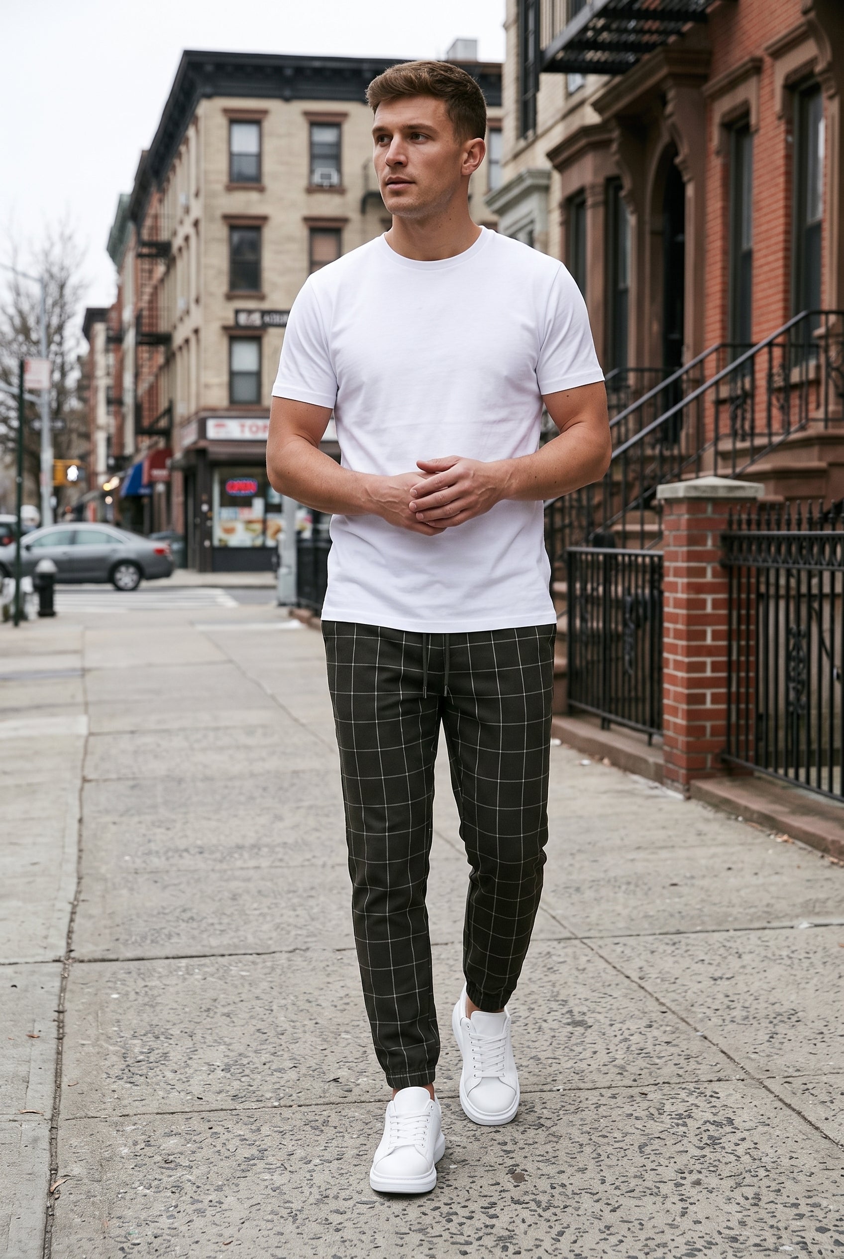 Men's Pants | Windowpane Check Elasticated Cuffs - Black lifestyle