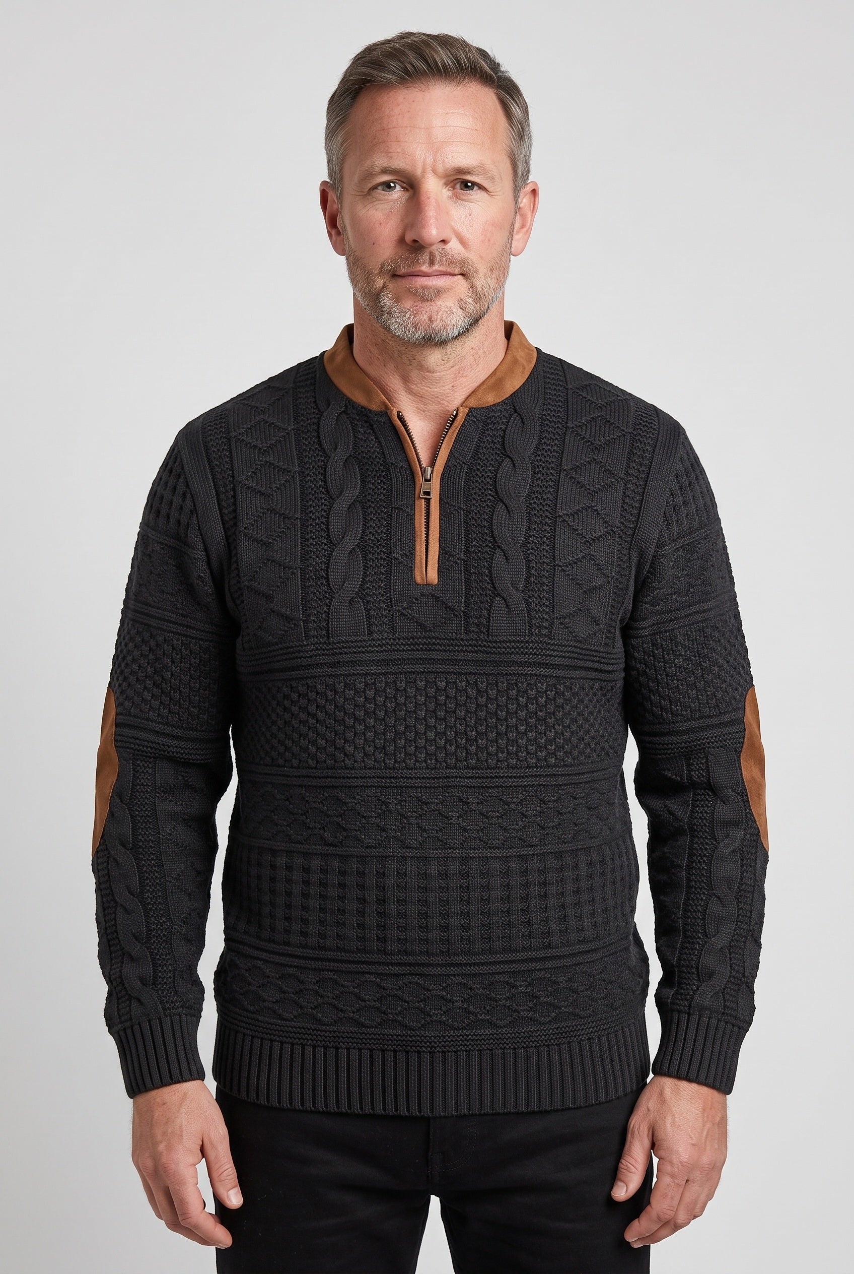 Men's Quarter Zip Sweater | Cable Knit Elbow Patches - 1