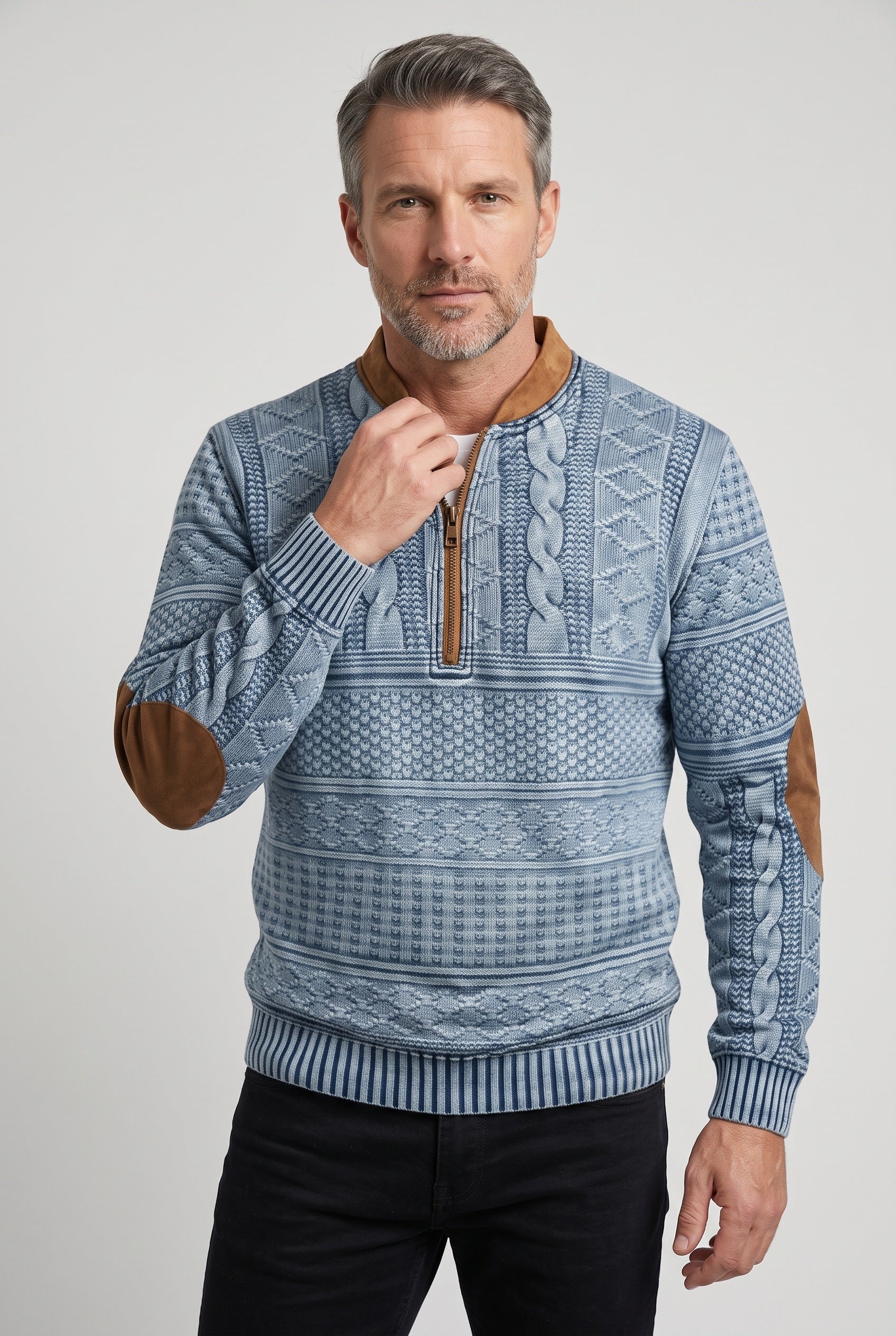 Men's Quarter Zip Sweater | Cable Knit Elbow Patches - 6
