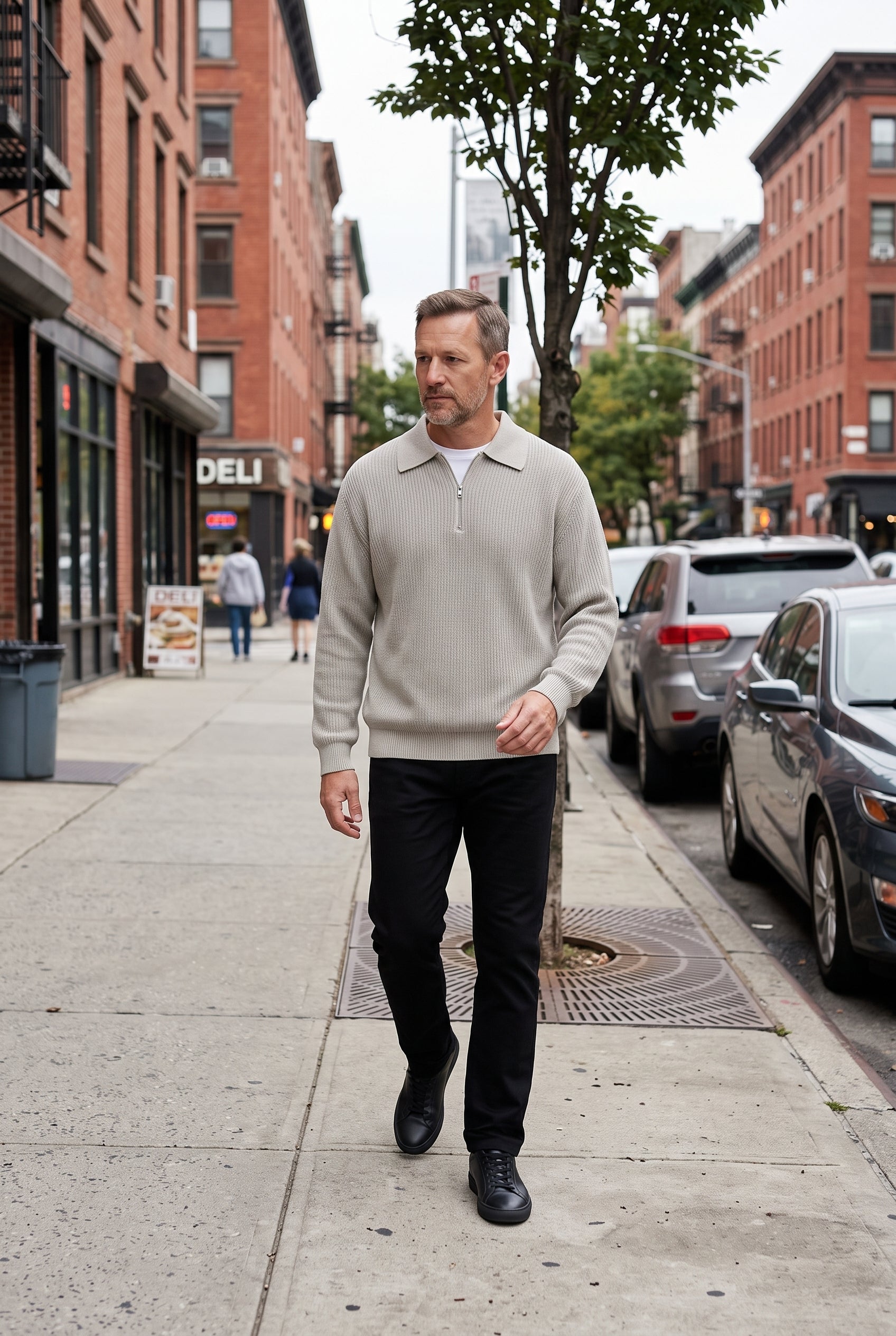 Men's Quarter Zip Sweater | Ribbed Knit Polo Collar - Gray lifestyle