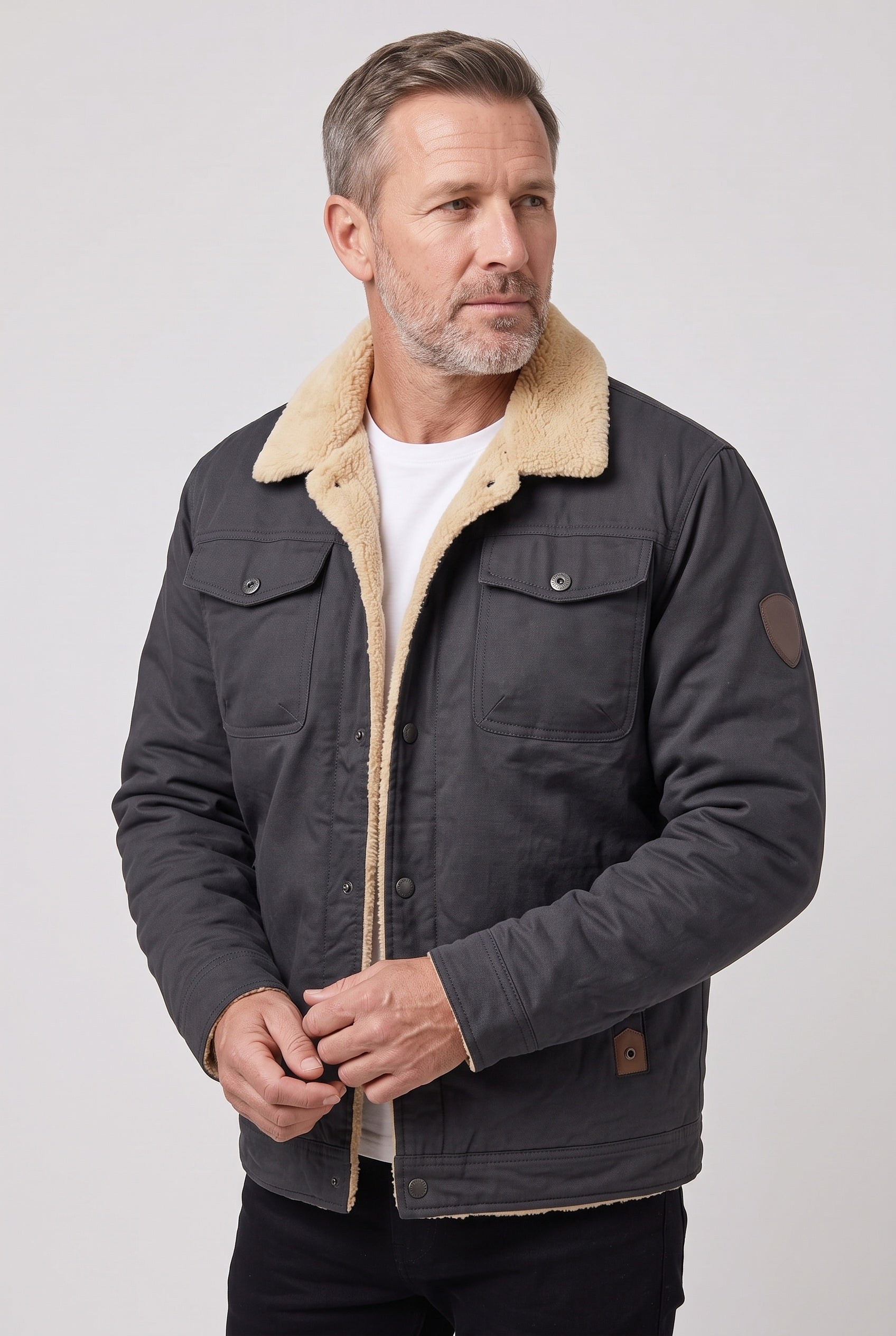 Men's Sherpa Jacket | Snap Front Flap Pockets - 6