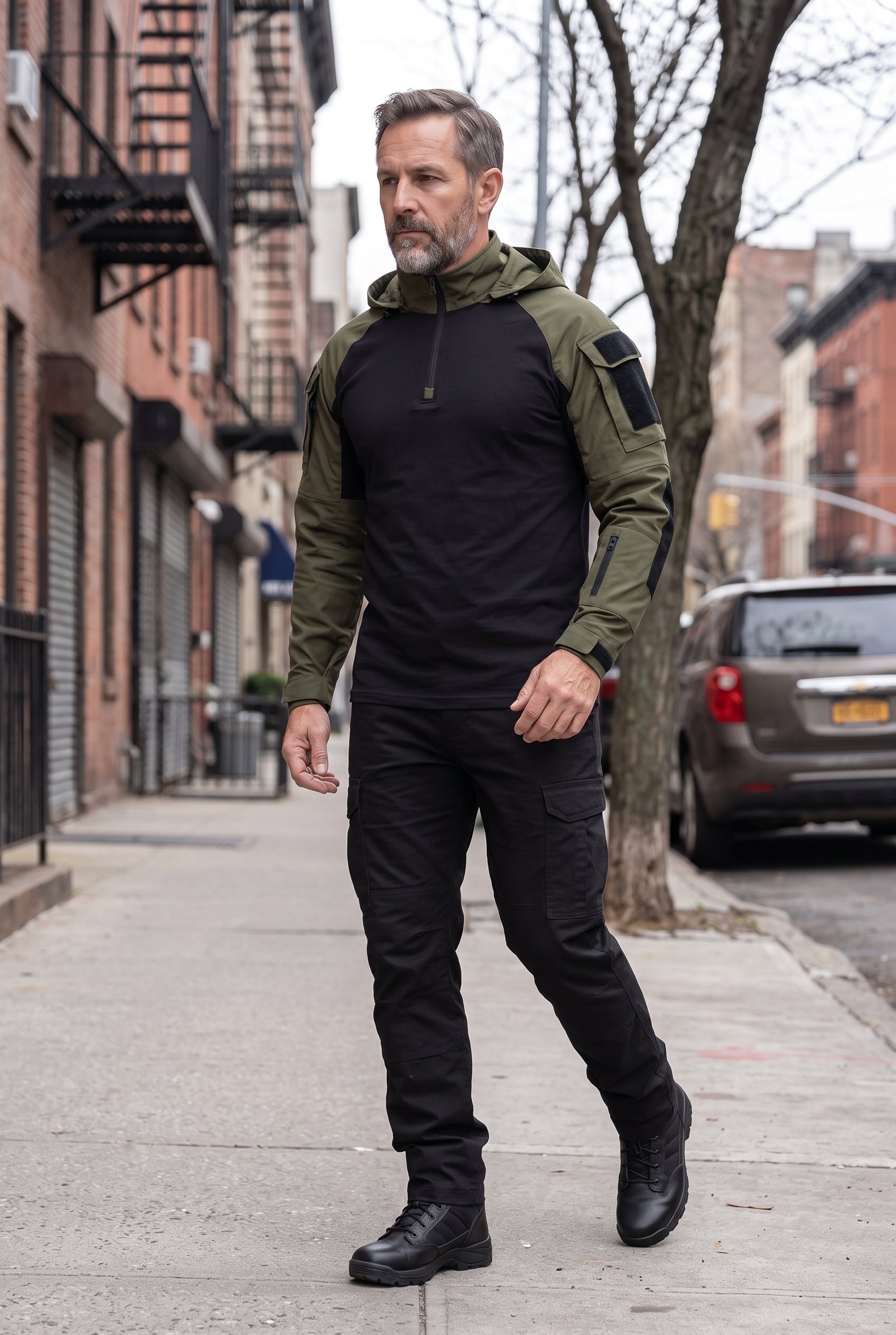 Men's Tactical Jacket | Hooded Quarter Zip - Dark Green lifestyle