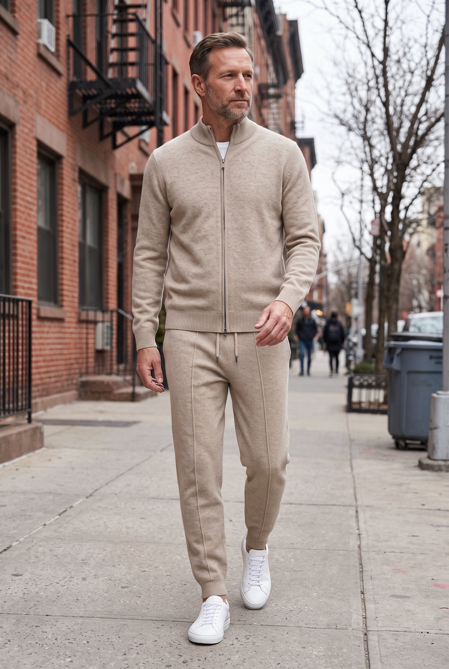 Men's Tracksuit | Knit Zip Front with Funnel Neck - Beige lifestyle