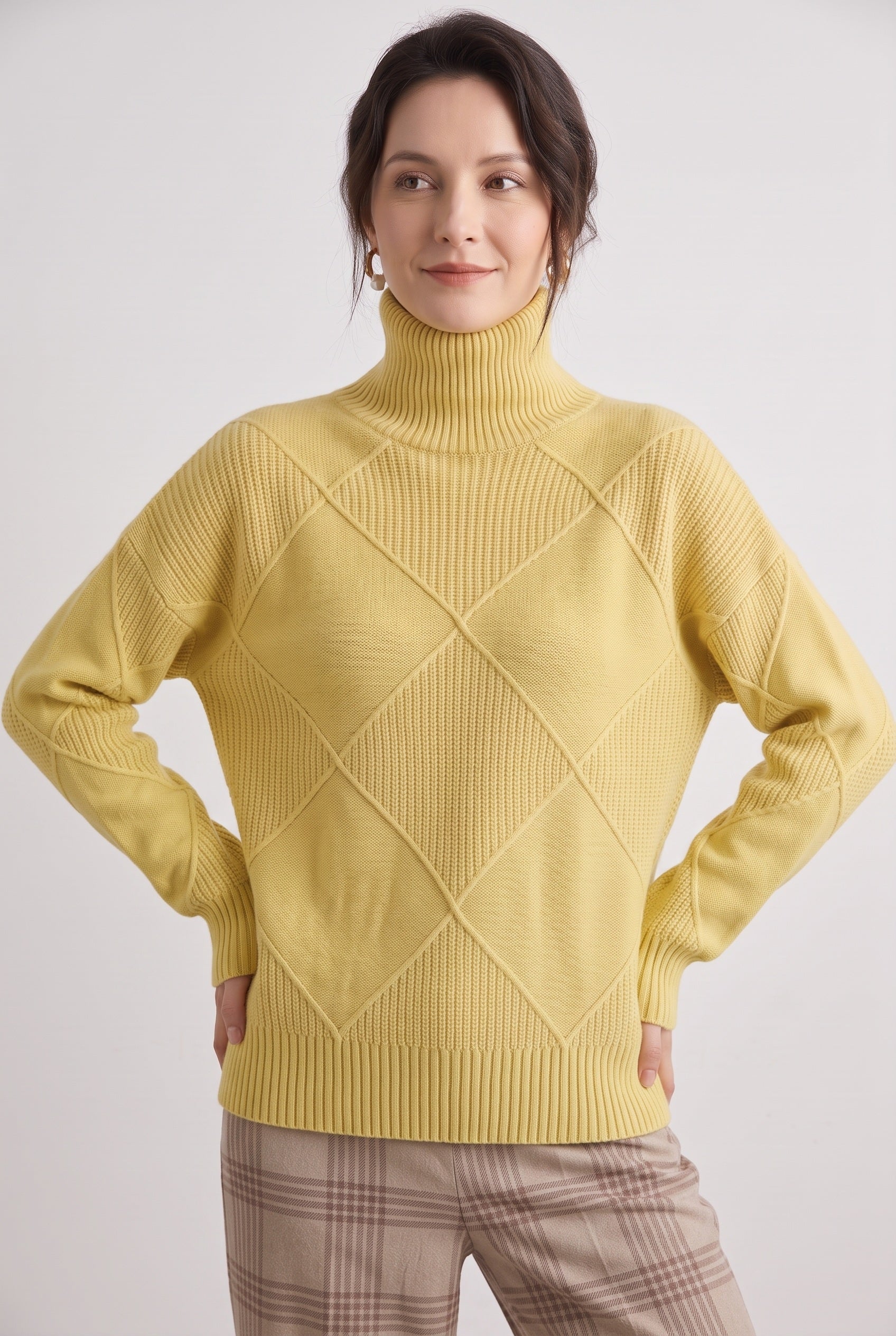 Women's Cable Knit Sweater | Turtleneck Diamond Lattice - 5