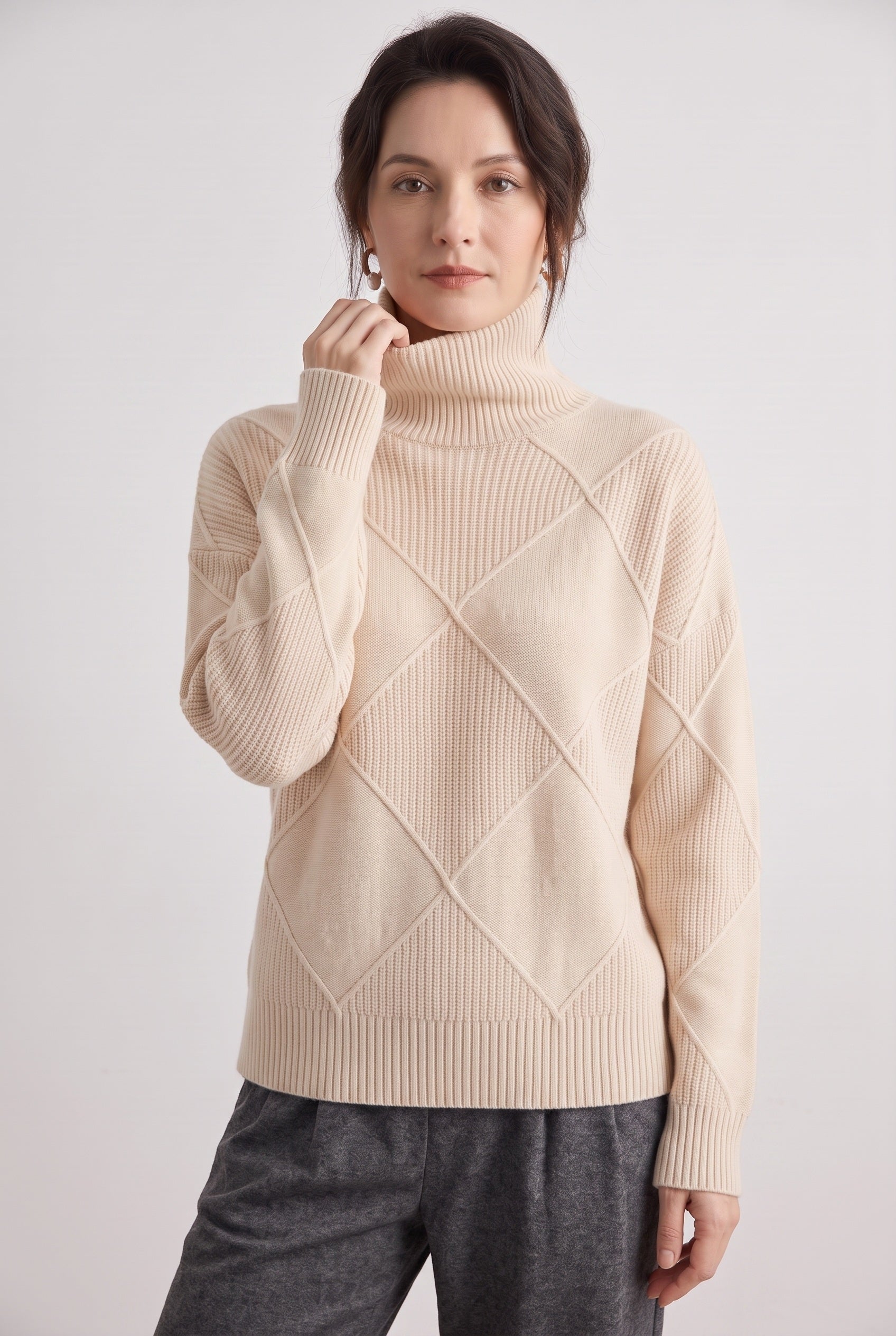 Women's Cable Knit Sweater | Turtleneck Diamond Lattice - 7