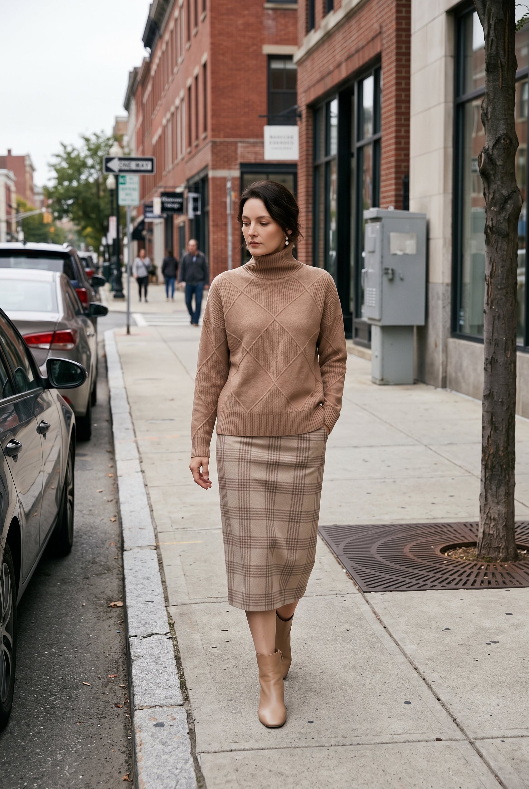 Women's Cable Knit Sweater | Turtleneck Diamond Lattice - Brown lifestyle