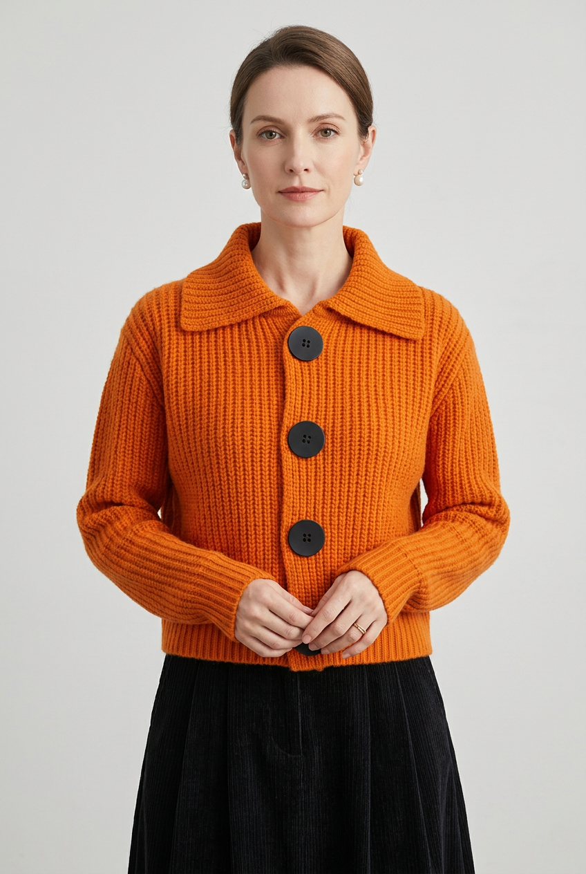 Women's Cardigan | Cropped Point Collar Oversized Buttons - 1