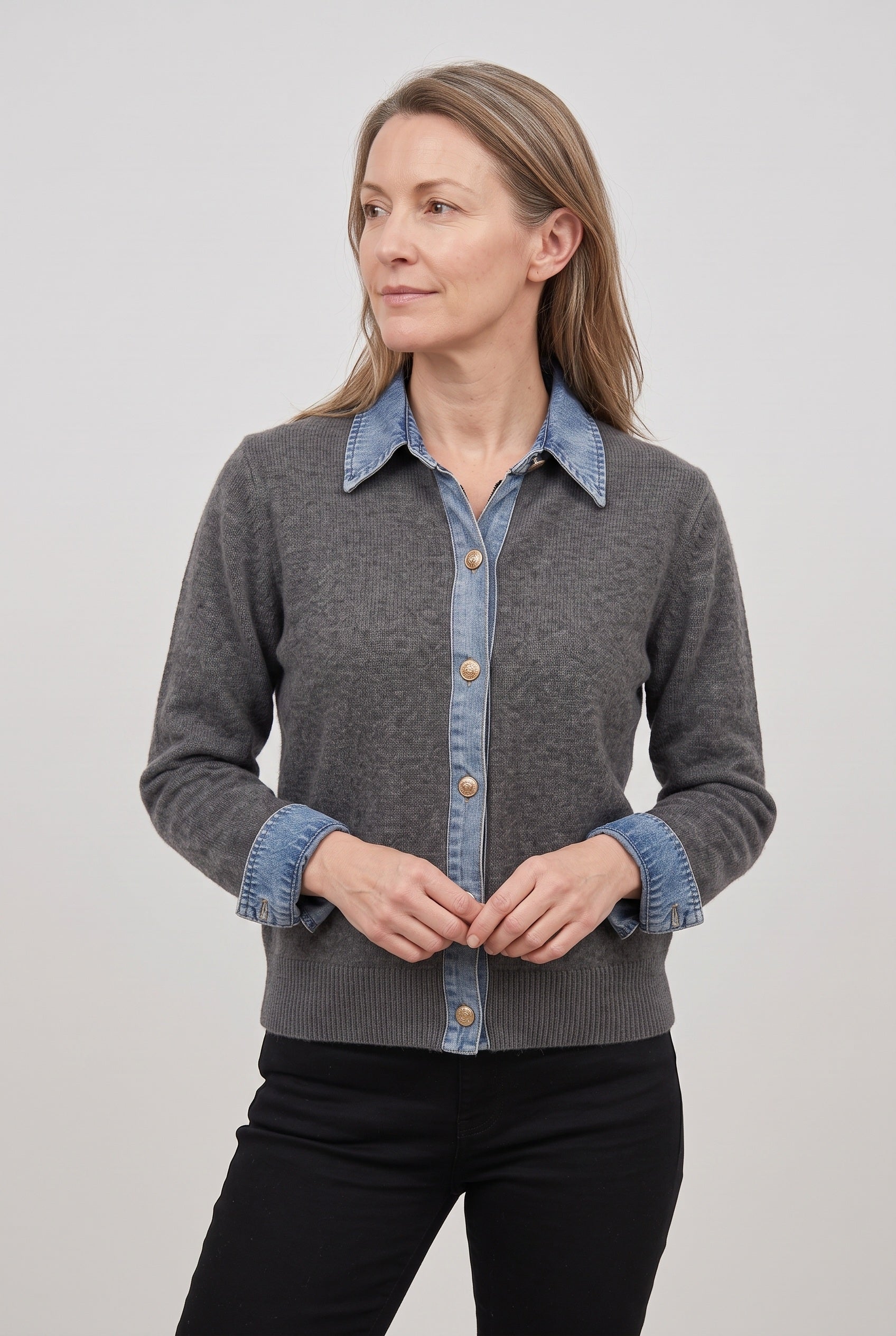 Women's Cardigan | Denim-Look Collar Button Front - 5