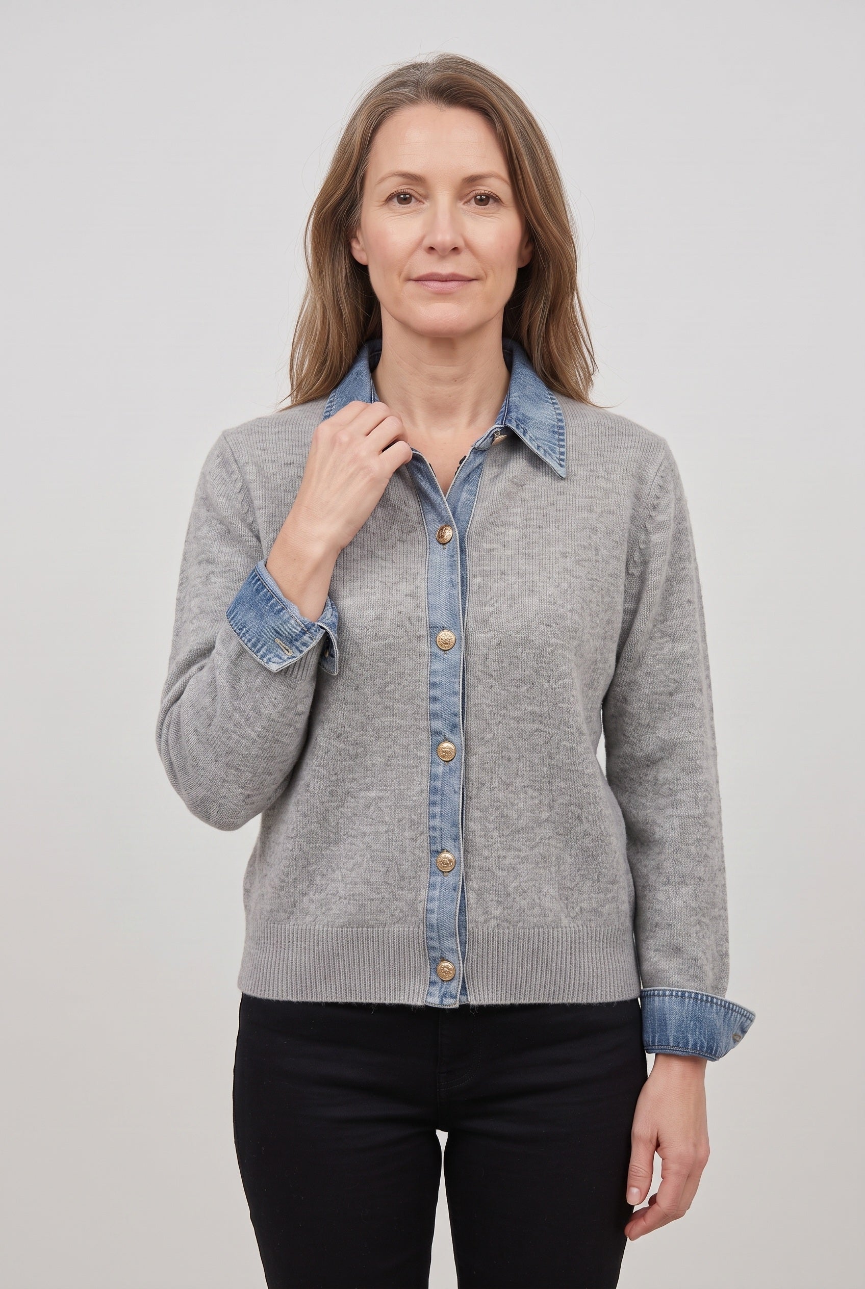 Women's Cardigan | Denim-Look Collar Button Front - 6