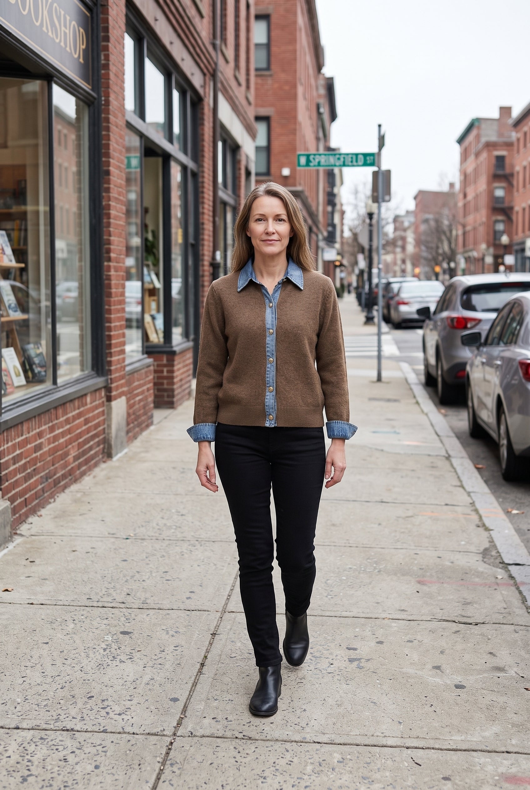 Women's Cardigan | Denim-Look Collar Button Front - Brown lifestyle