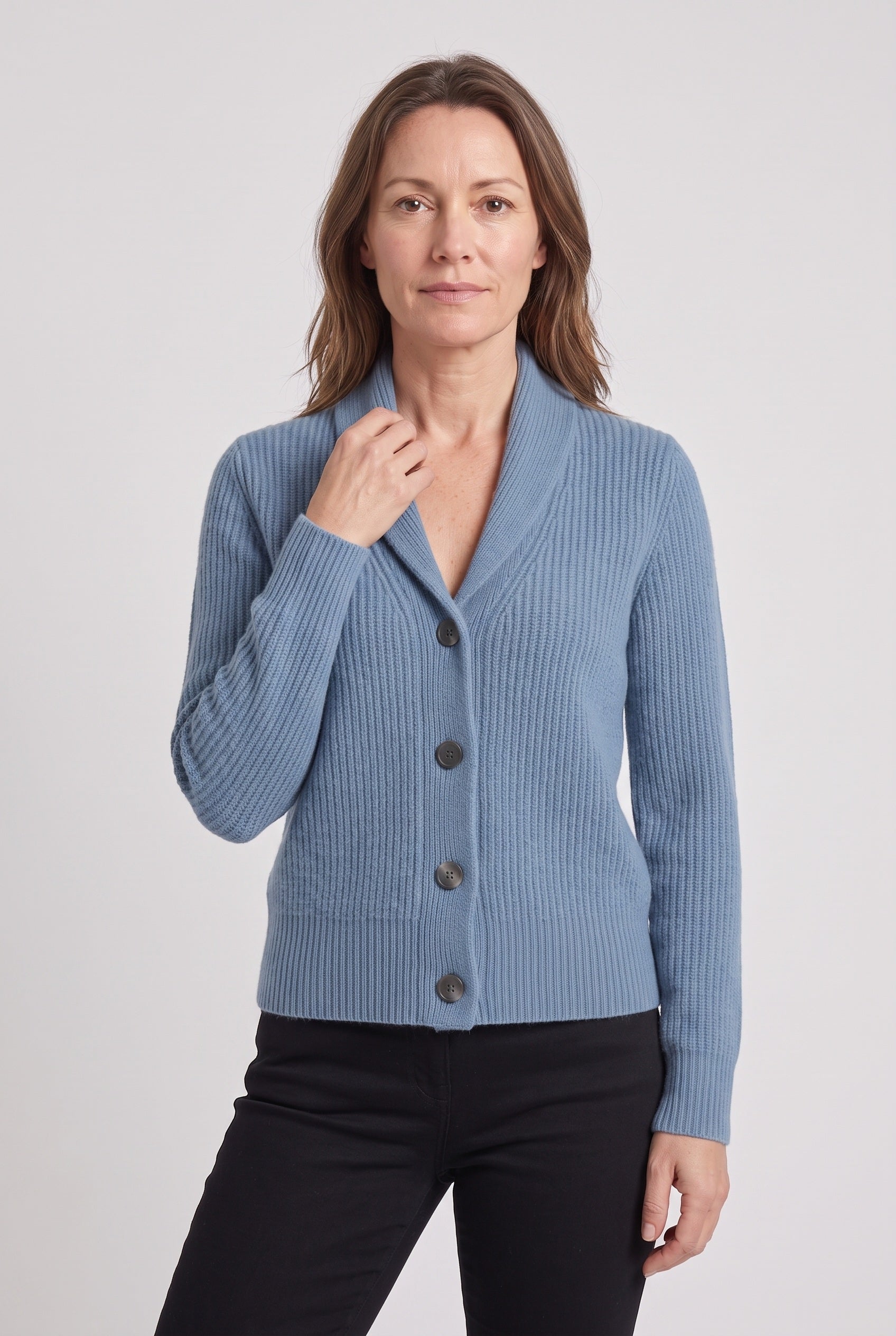 Women's Cardigan | Shawl Collar Ribbed Button Front - 7