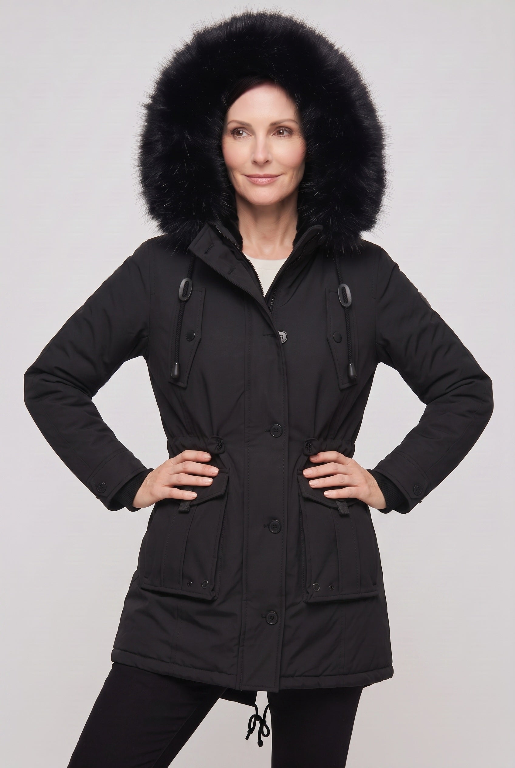 Women's Coat | Button Front with Faux Fur Hood - 5