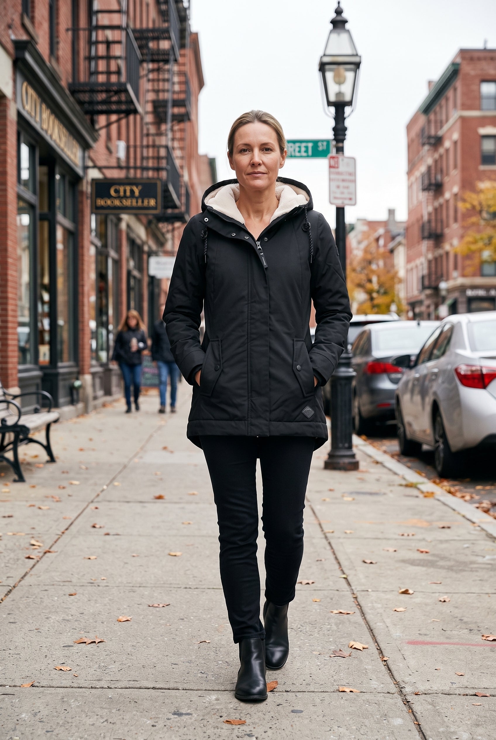 Women's Coat | Zip Front with Fleece-Lined Hood - Black lifestyle