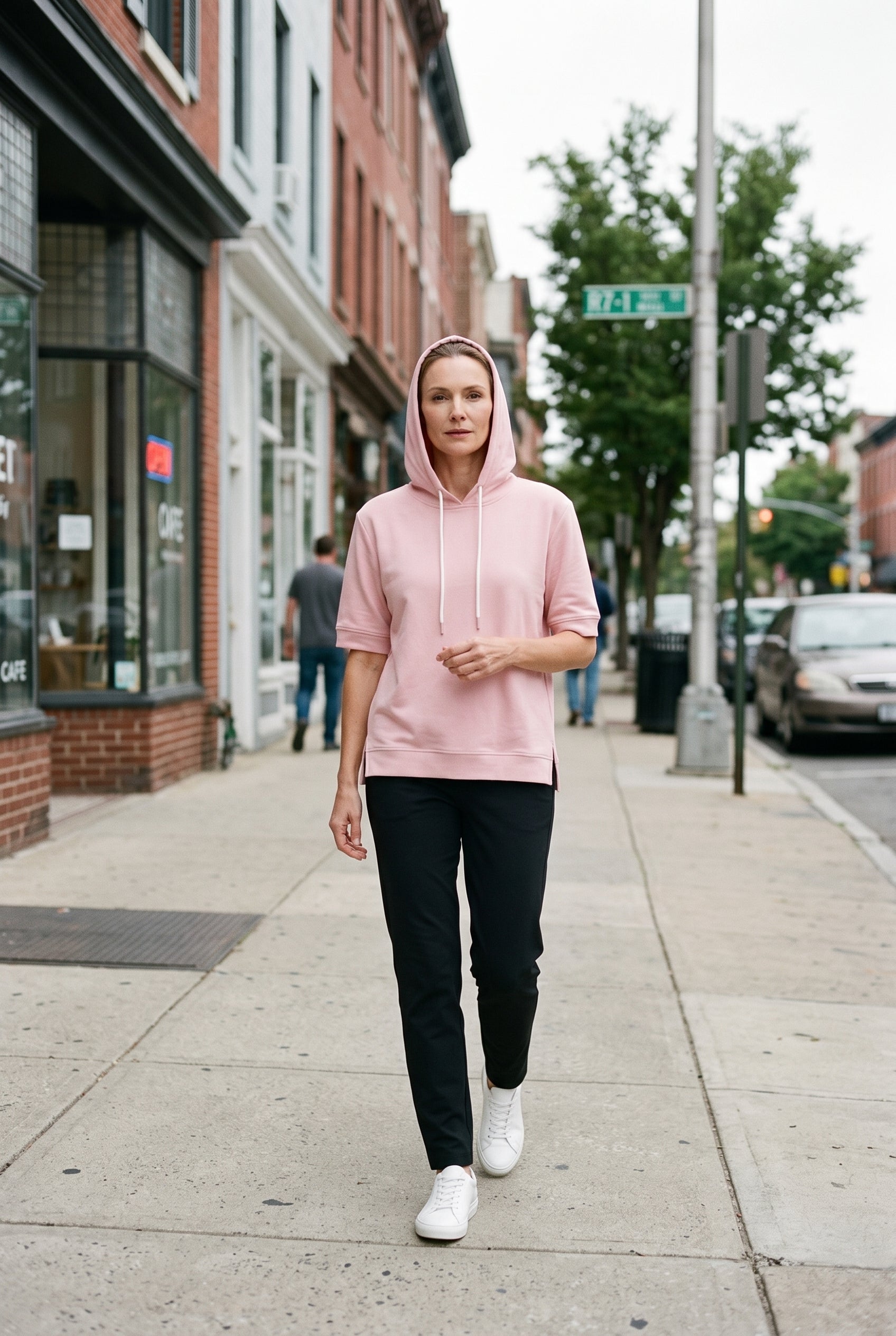 Women's Hoodie | Short Sleeve Boxy Split Hem - Pink lifestyle