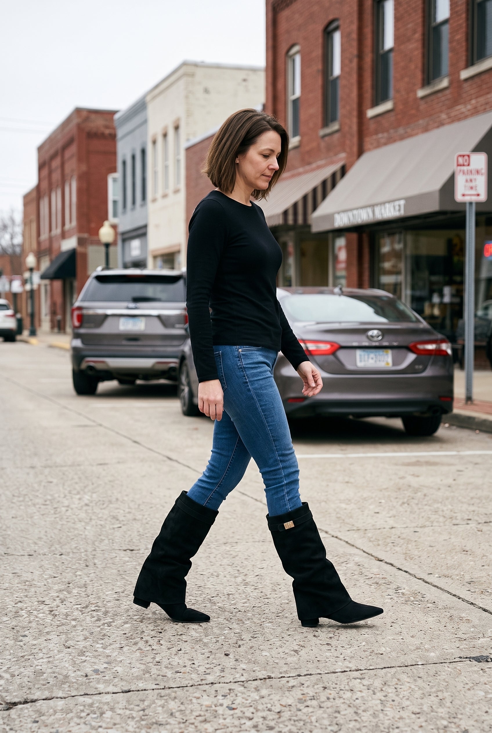 Women's Knee High Boots | Fold-Over Block Heel - Black (Suede Look) lifestyle