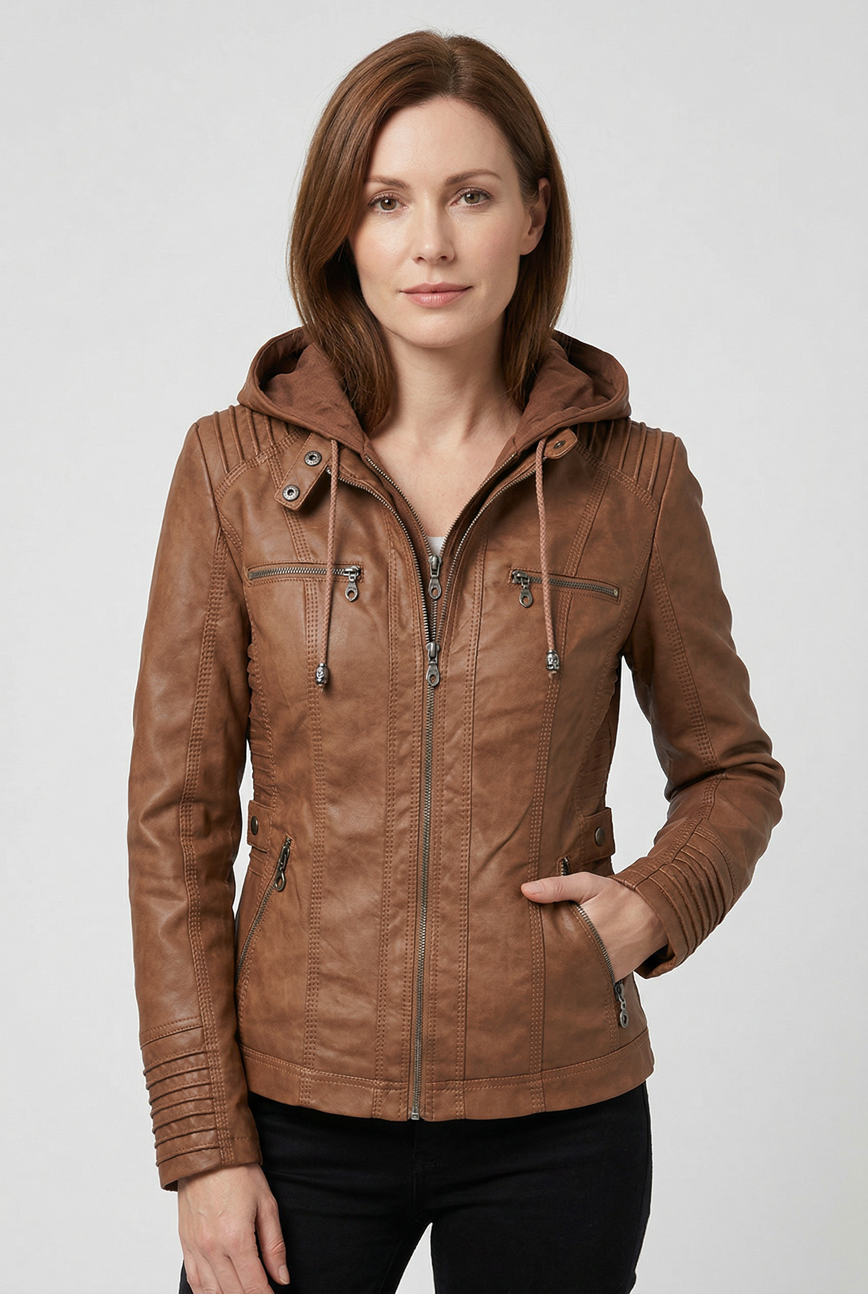 Women's Leather Jacket | Hooded Zip Chest Pockets - 1