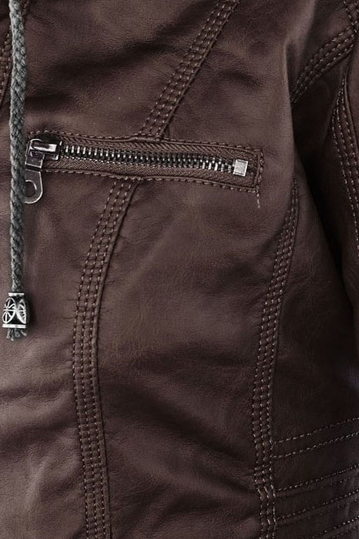 Women's Leather Jacket | Hooded Zip Chest Pockets - 11