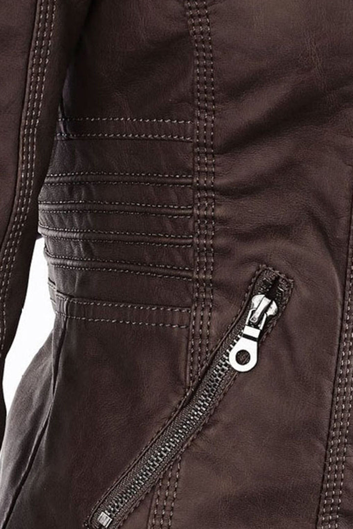 Women's Leather Jacket | Hooded Zip Chest Pockets - 12