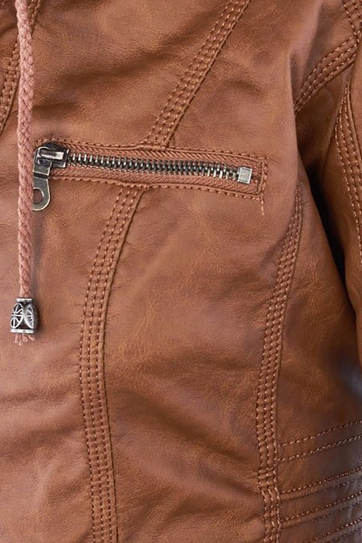 Women's Leather Jacket | Hooded Zip Chest Pockets - 3