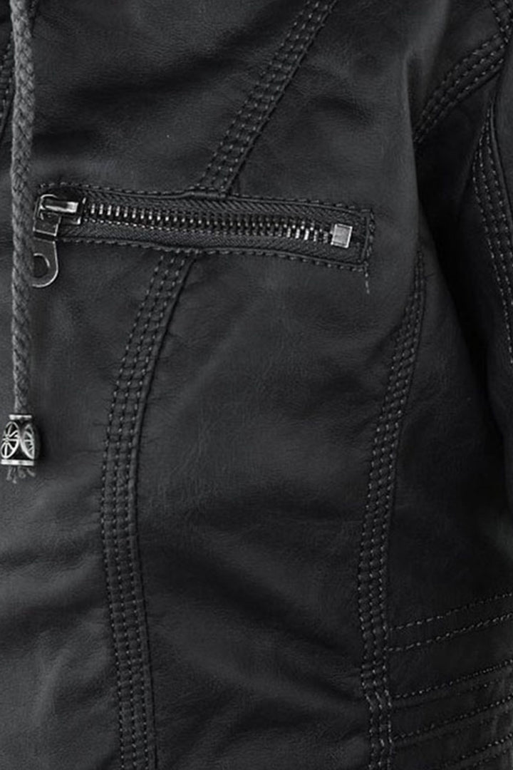 Women's Leather Jacket | Hooded Zip Chest Pockets - 8