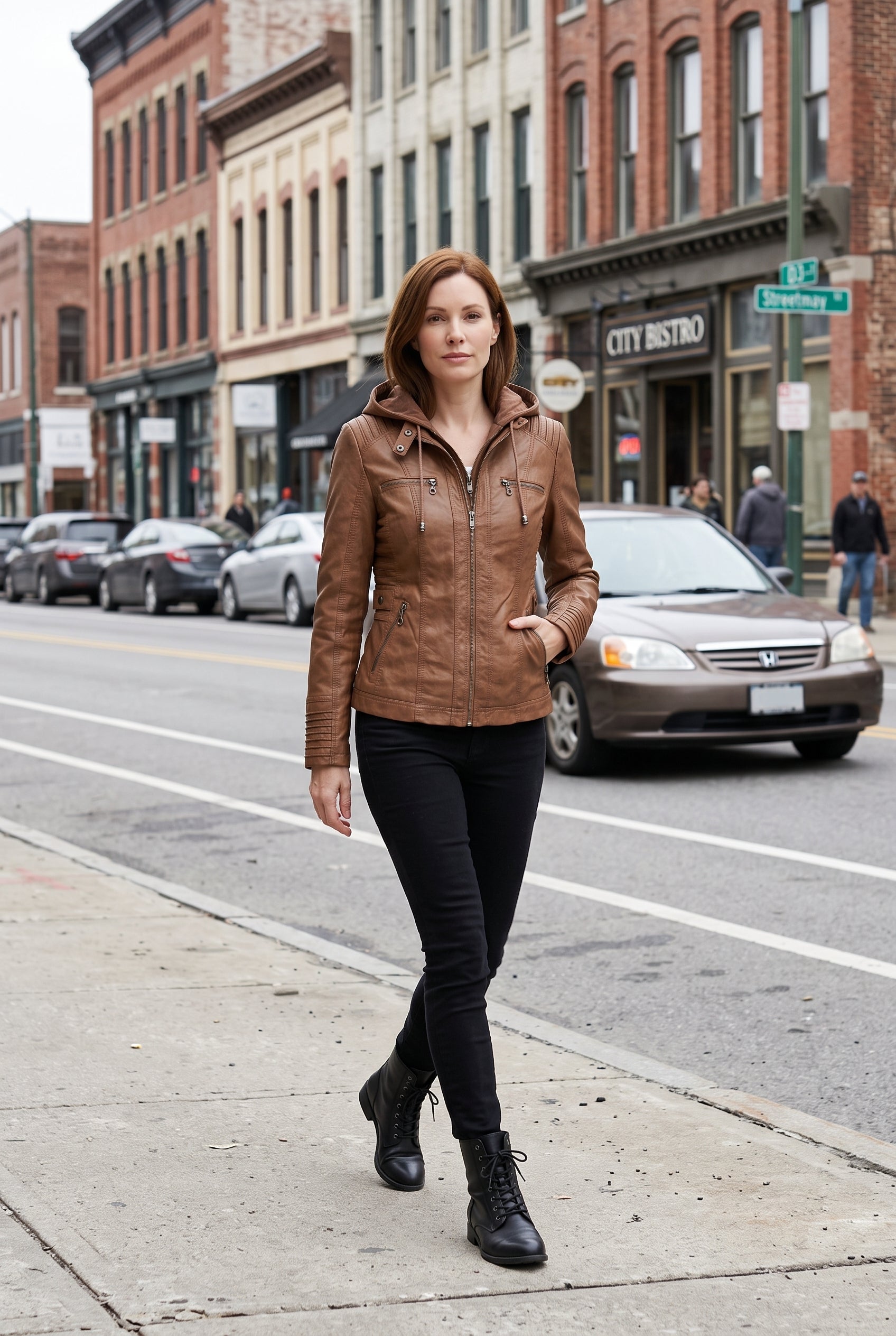 Women's Leather Jacket | Hooded Zip Chest Pockets - Light Brown lifestyle