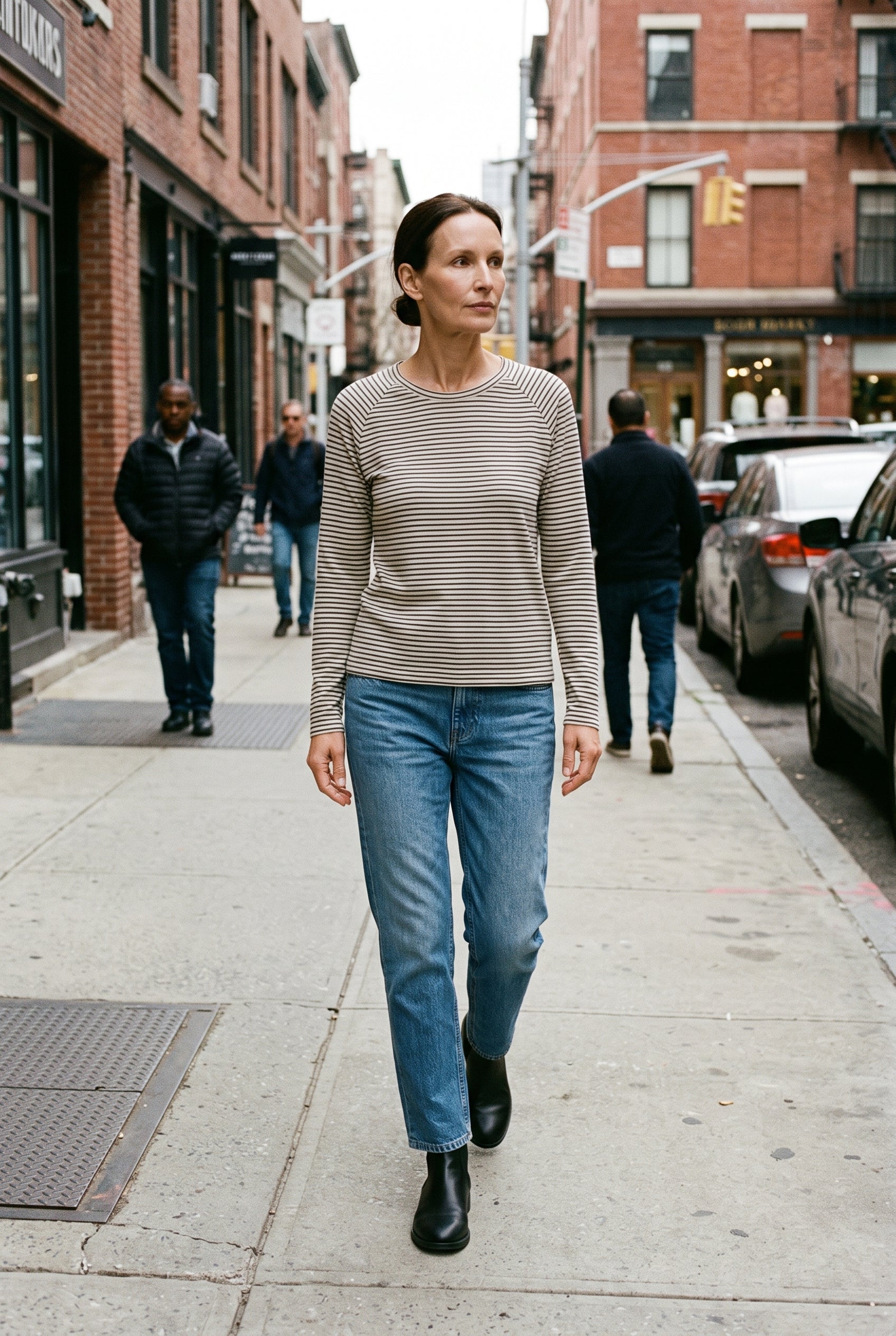 Women's Long Sleeve Top | Striped Crew Neck - White lifestyle